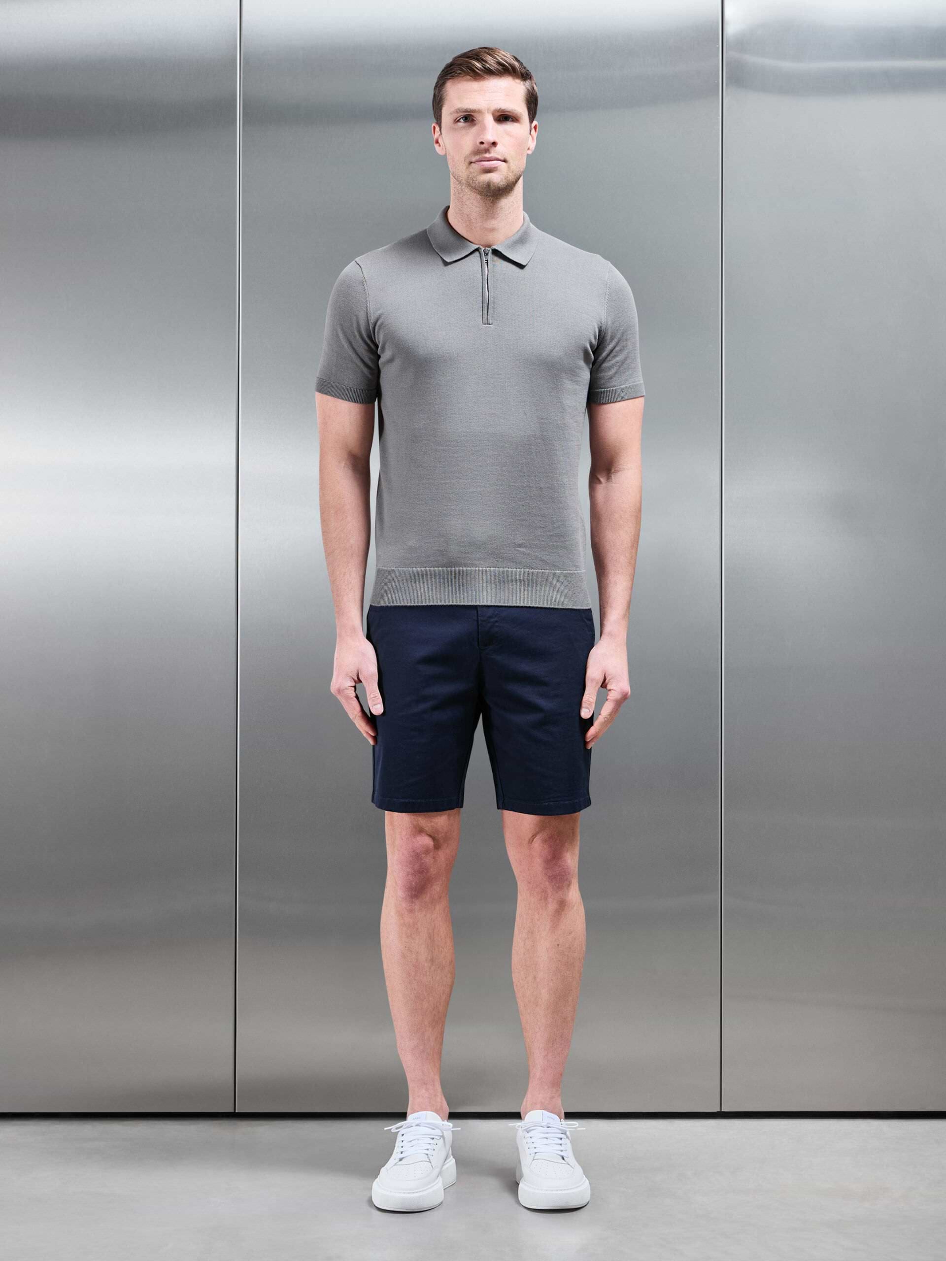 Cotton Knitted Zip Polo Shirt in Sage