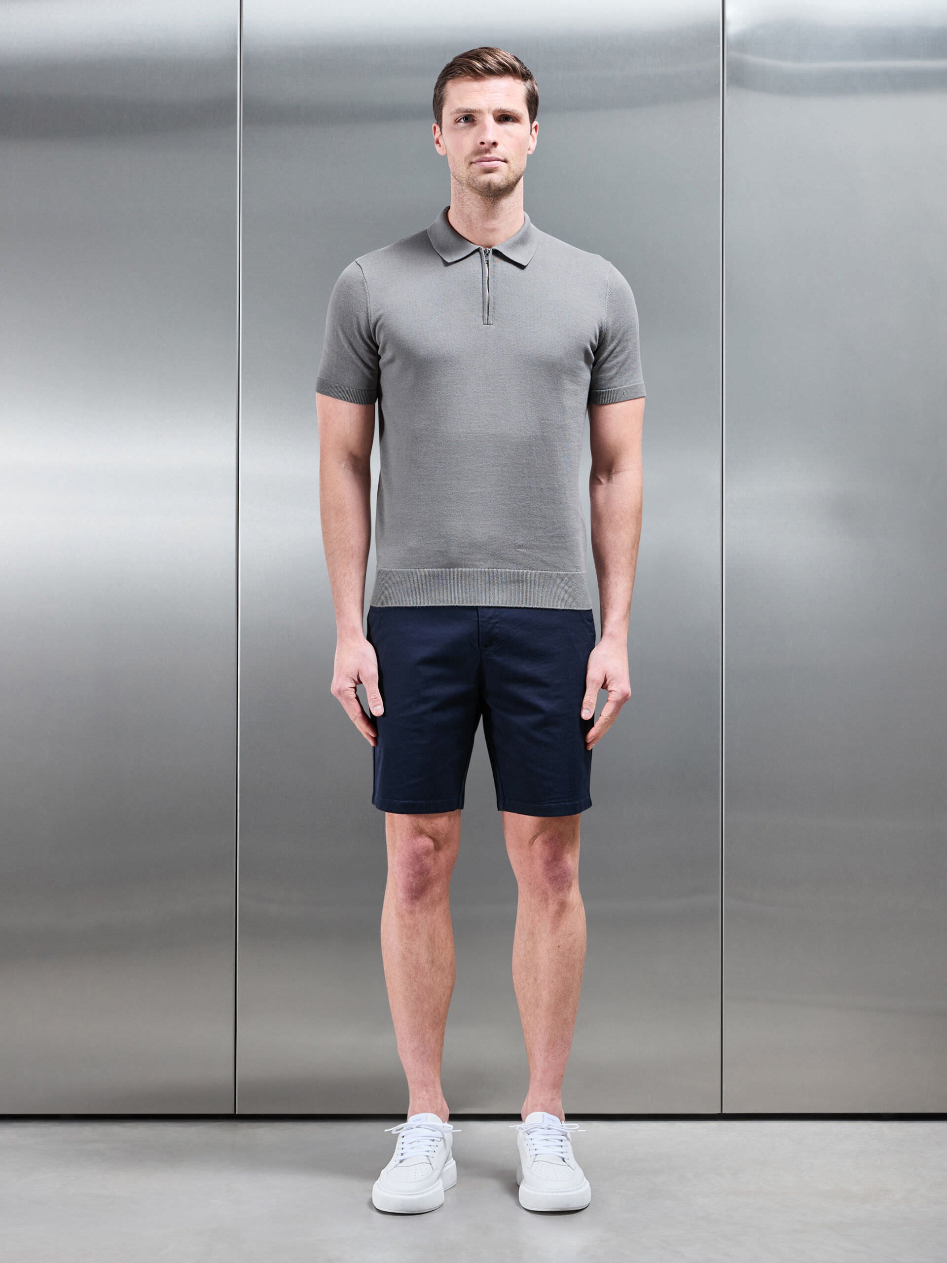 Mens Cotton Knitted Zip Polo Shirt in Sage