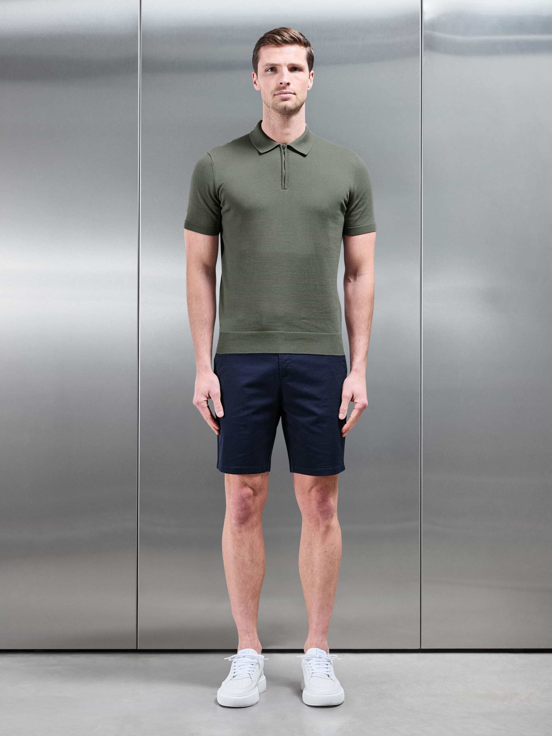 Cotton Knitted Zip Polo Shirt in Sage