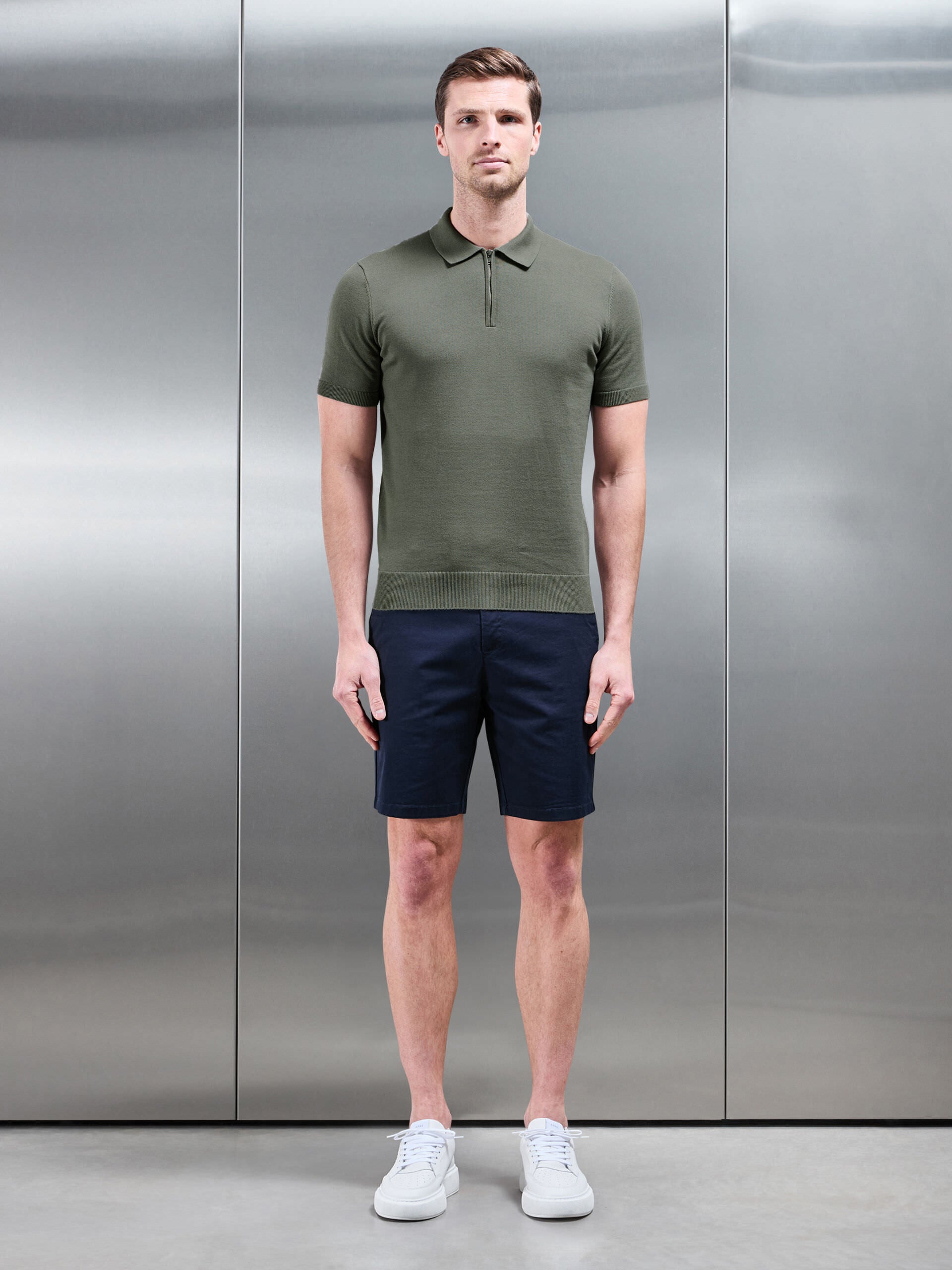 Cotton Knitted Zip Polo Shirt in Sage