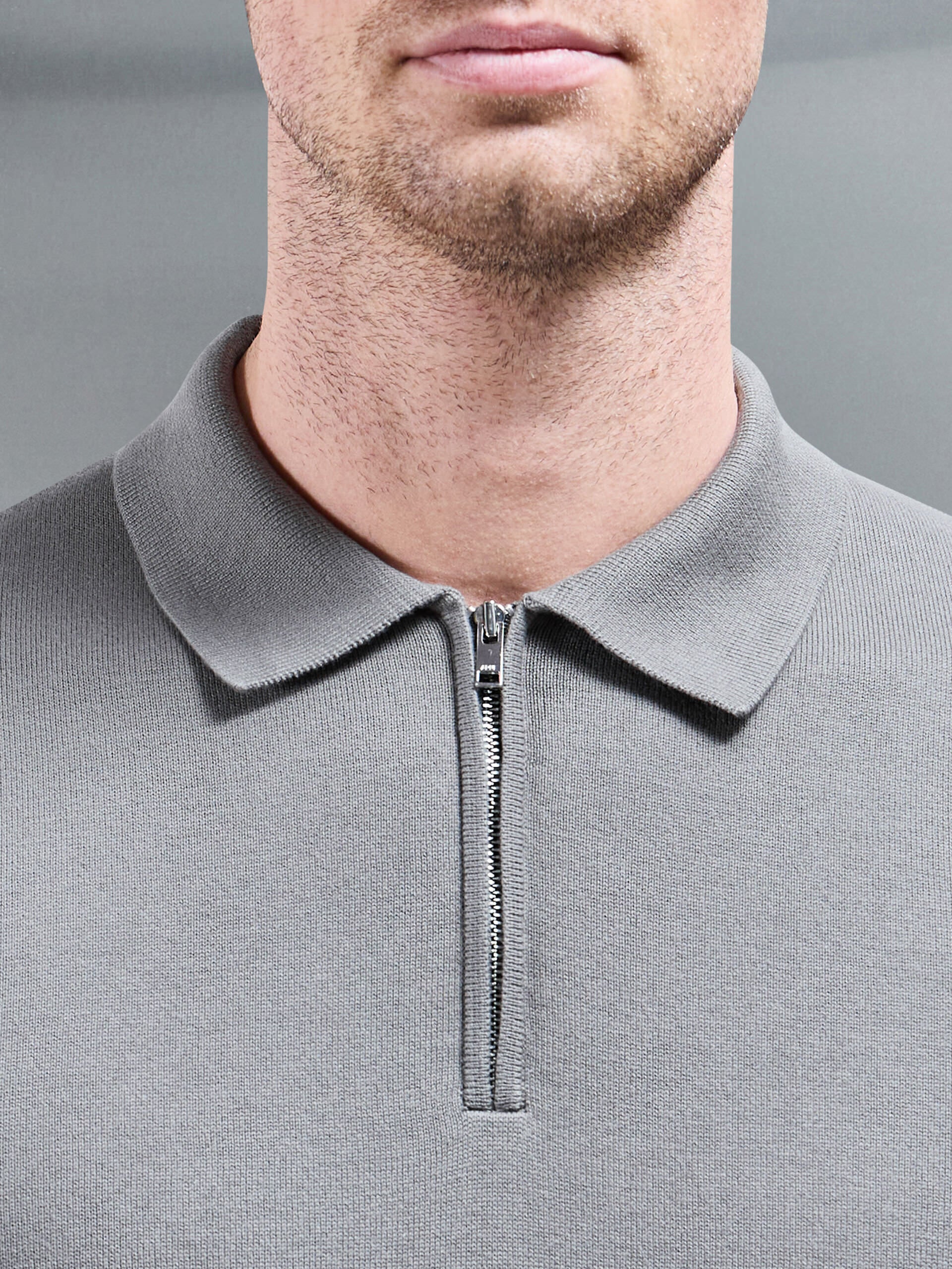 Mens Cotton Knitted Zip Polo Shirt in Sage
