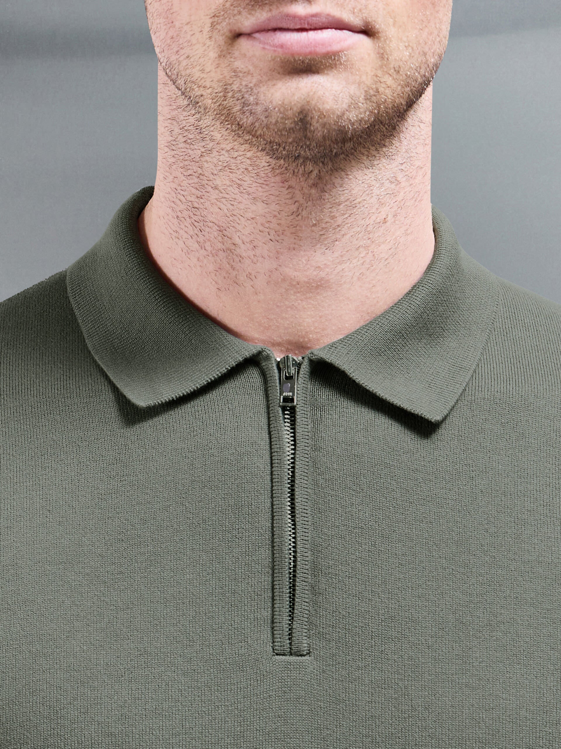 Cotton Knitted Zip Polo Shirt in Sage