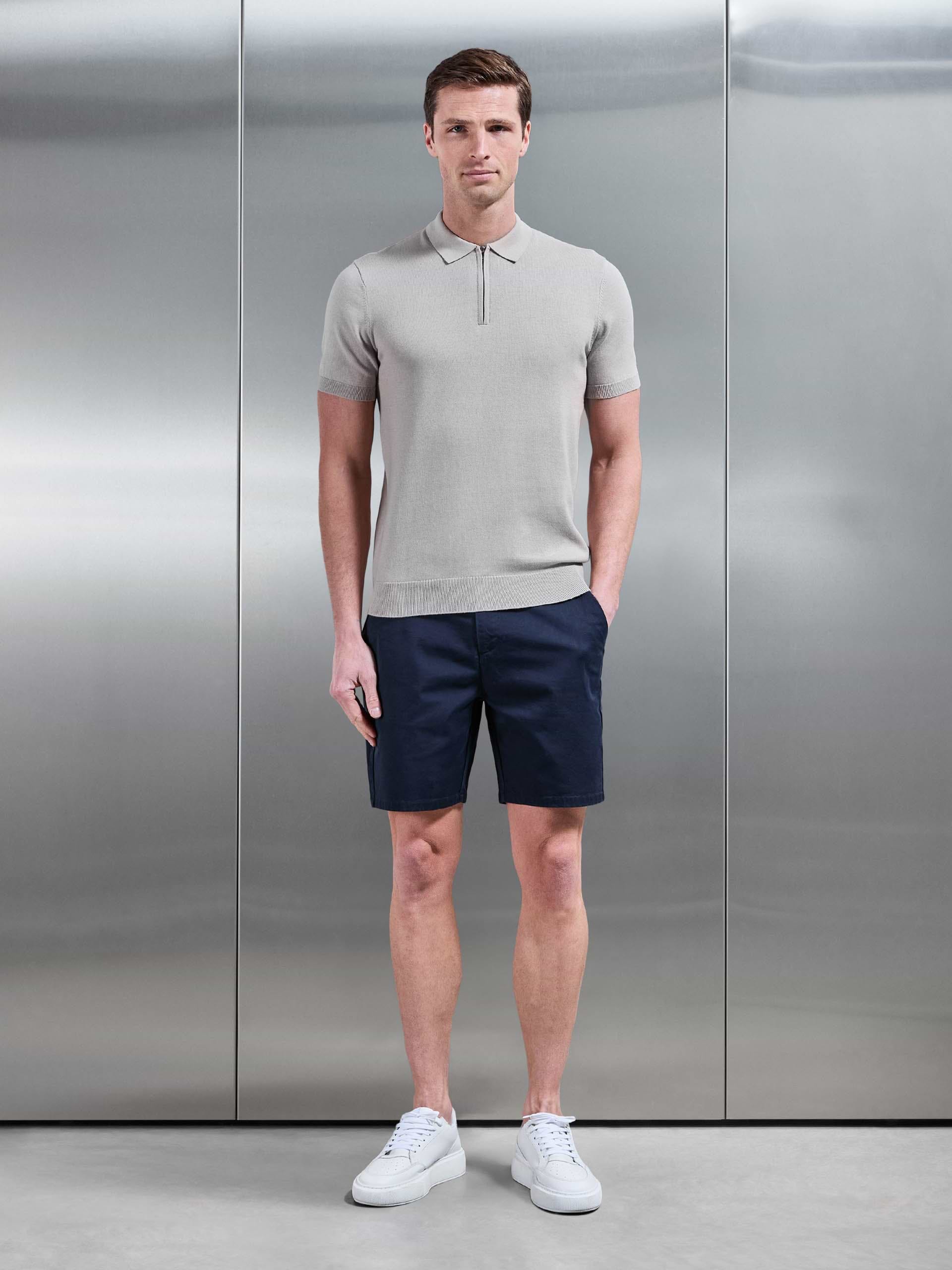 Mens Cotton Knitted Zip Polo Shirt in Stone