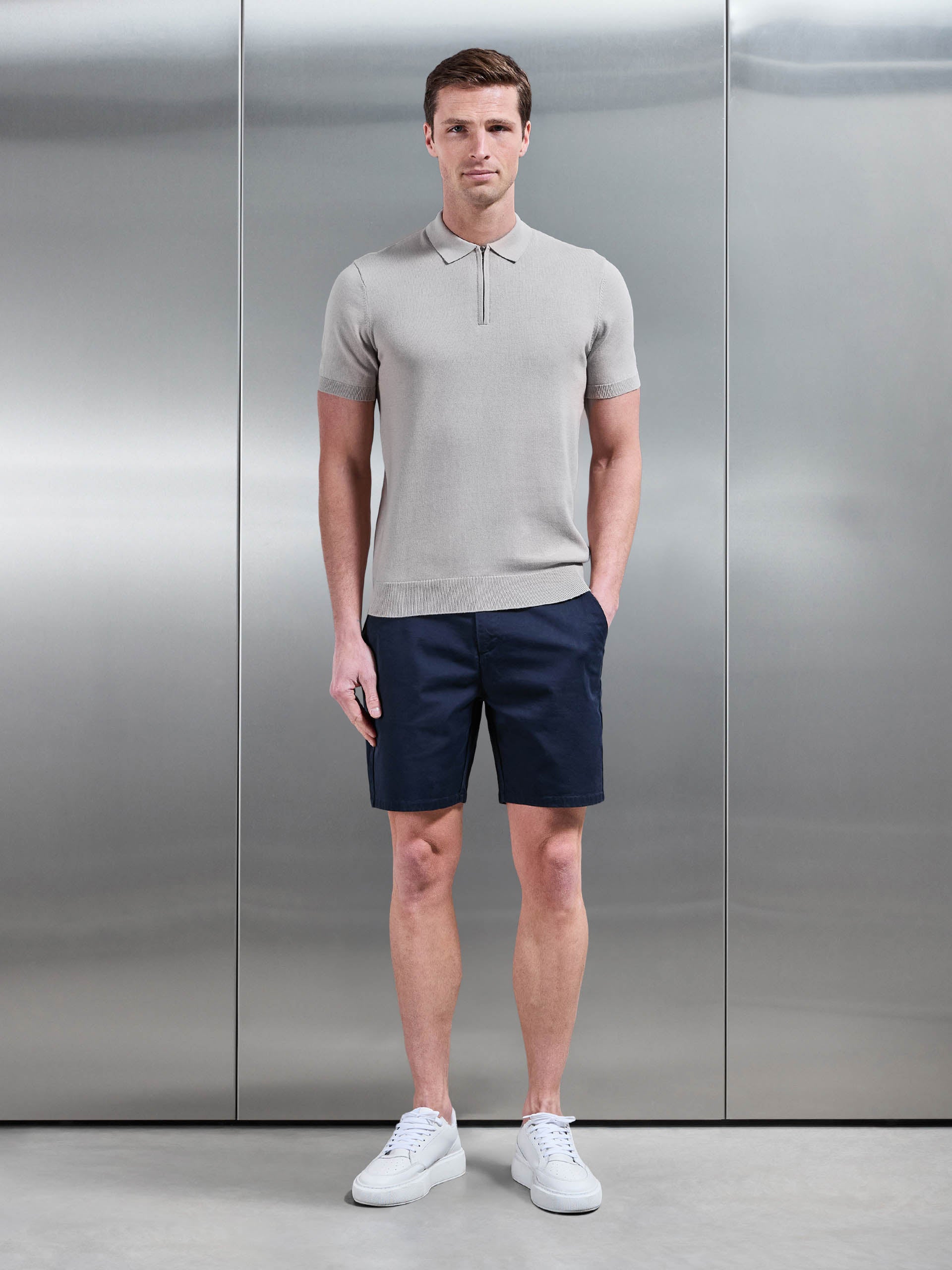 Mens Cotton Knitted Zip Polo Shirt in Stone