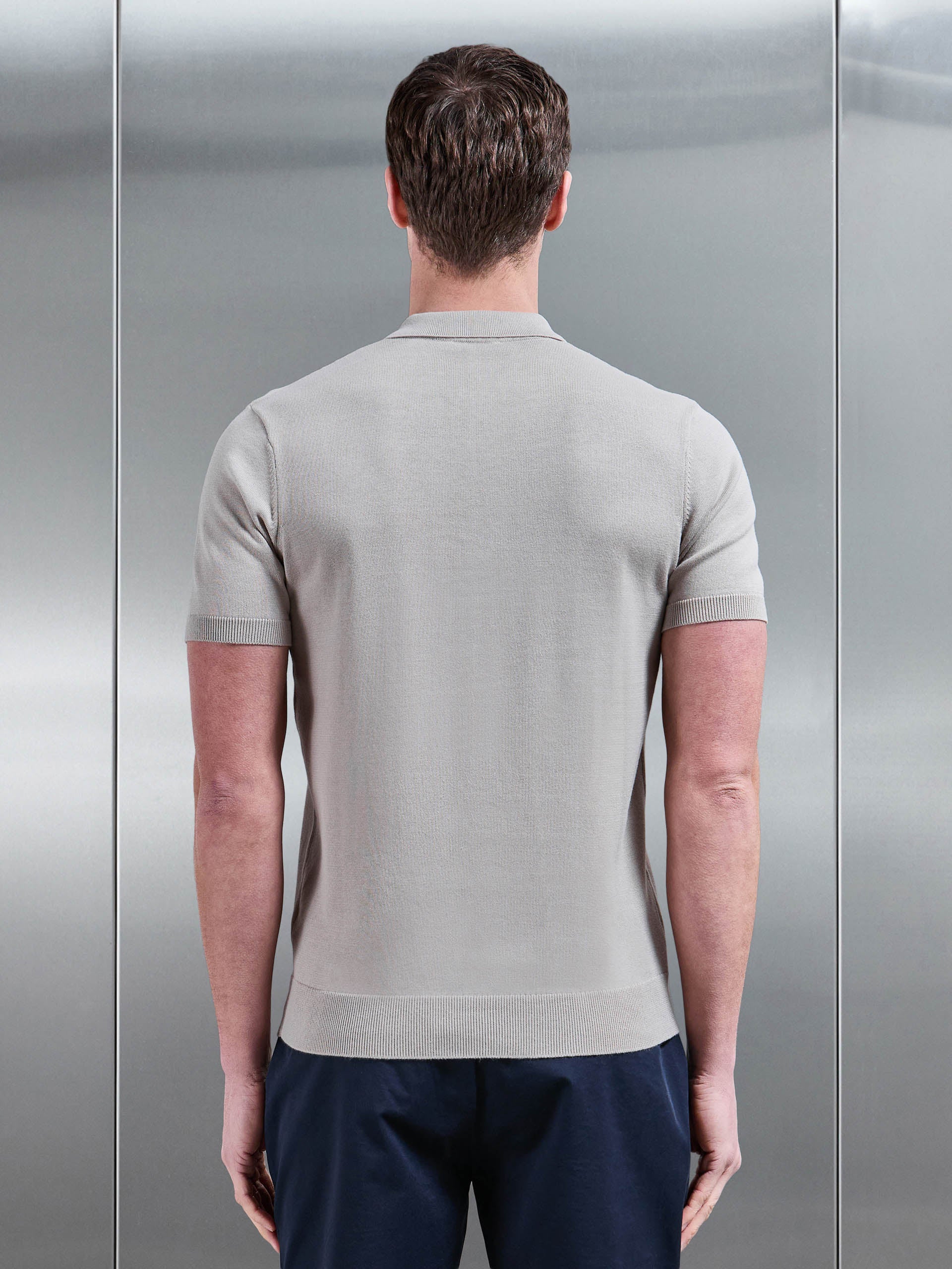 Mens Cotton Knitted Zip Polo Shirt in Stone