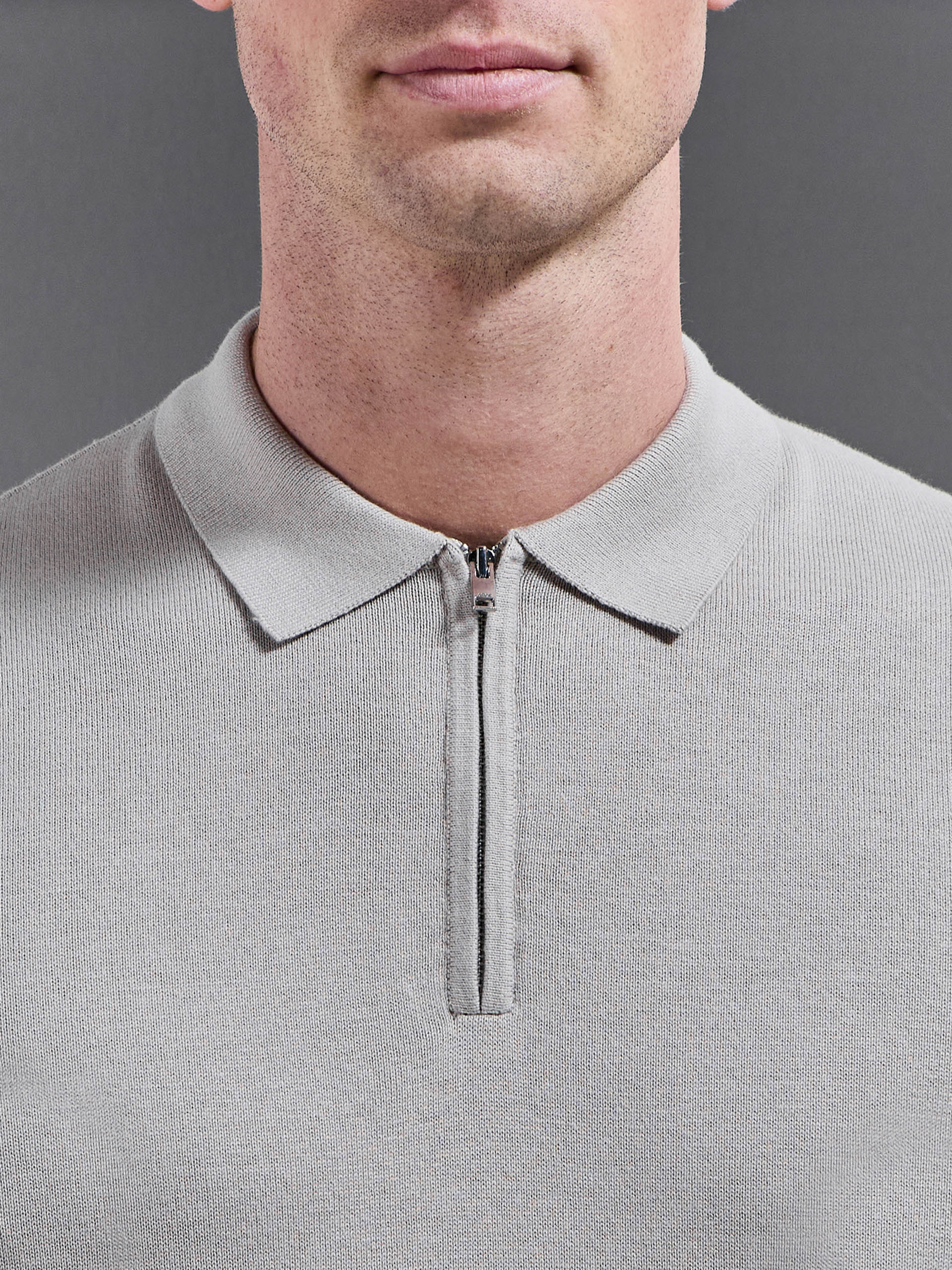 Mens Cotton Knitted Zip Polo Shirt in Stone