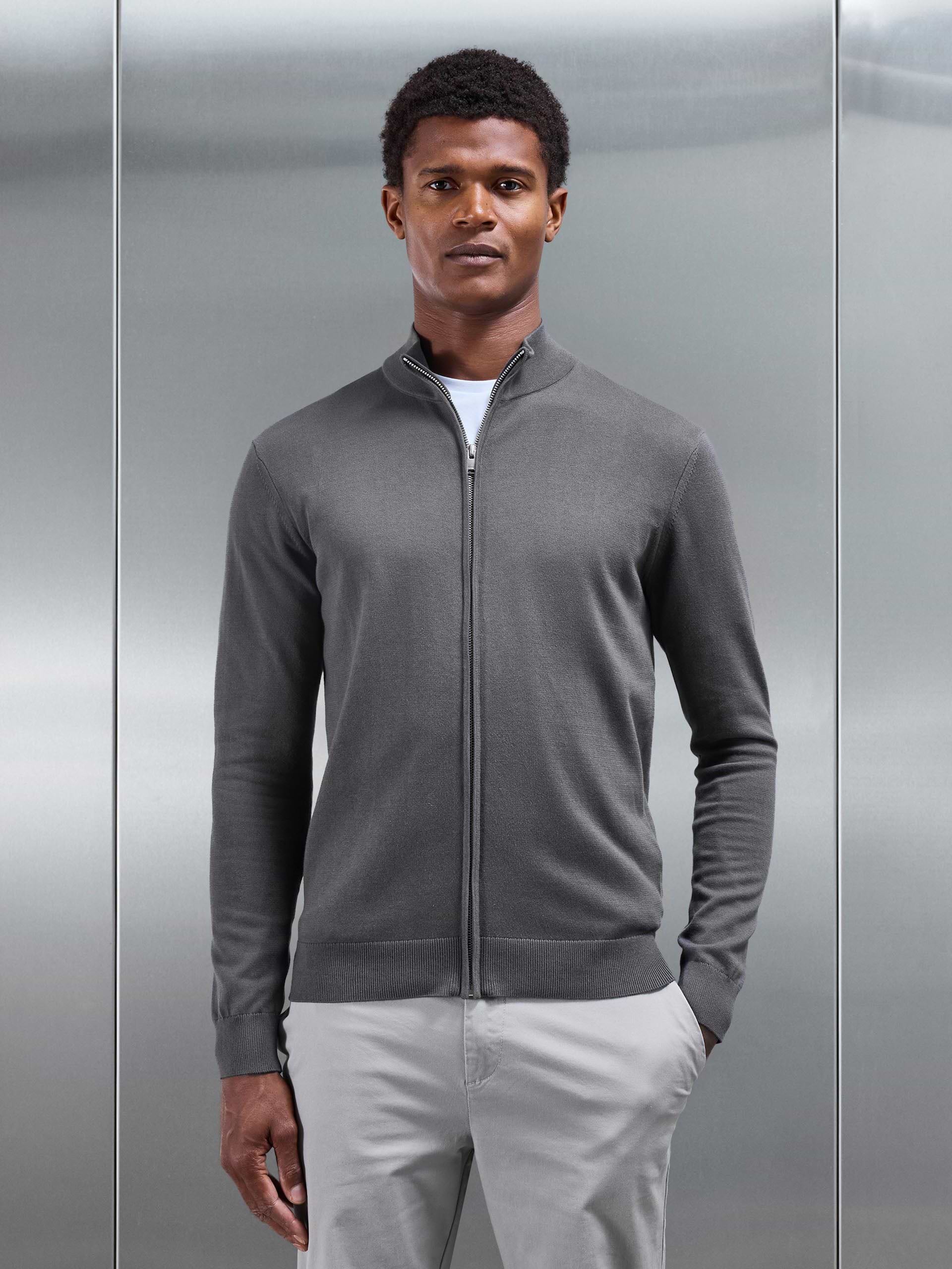 Cotton Knitted Zip Through Jacket in Grey
