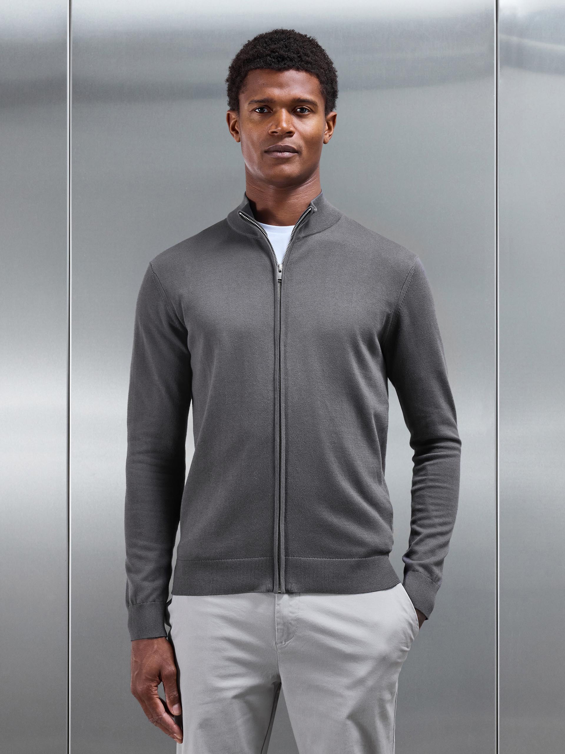 Mens Cotton Knitted Zip Through Jacket in Grey