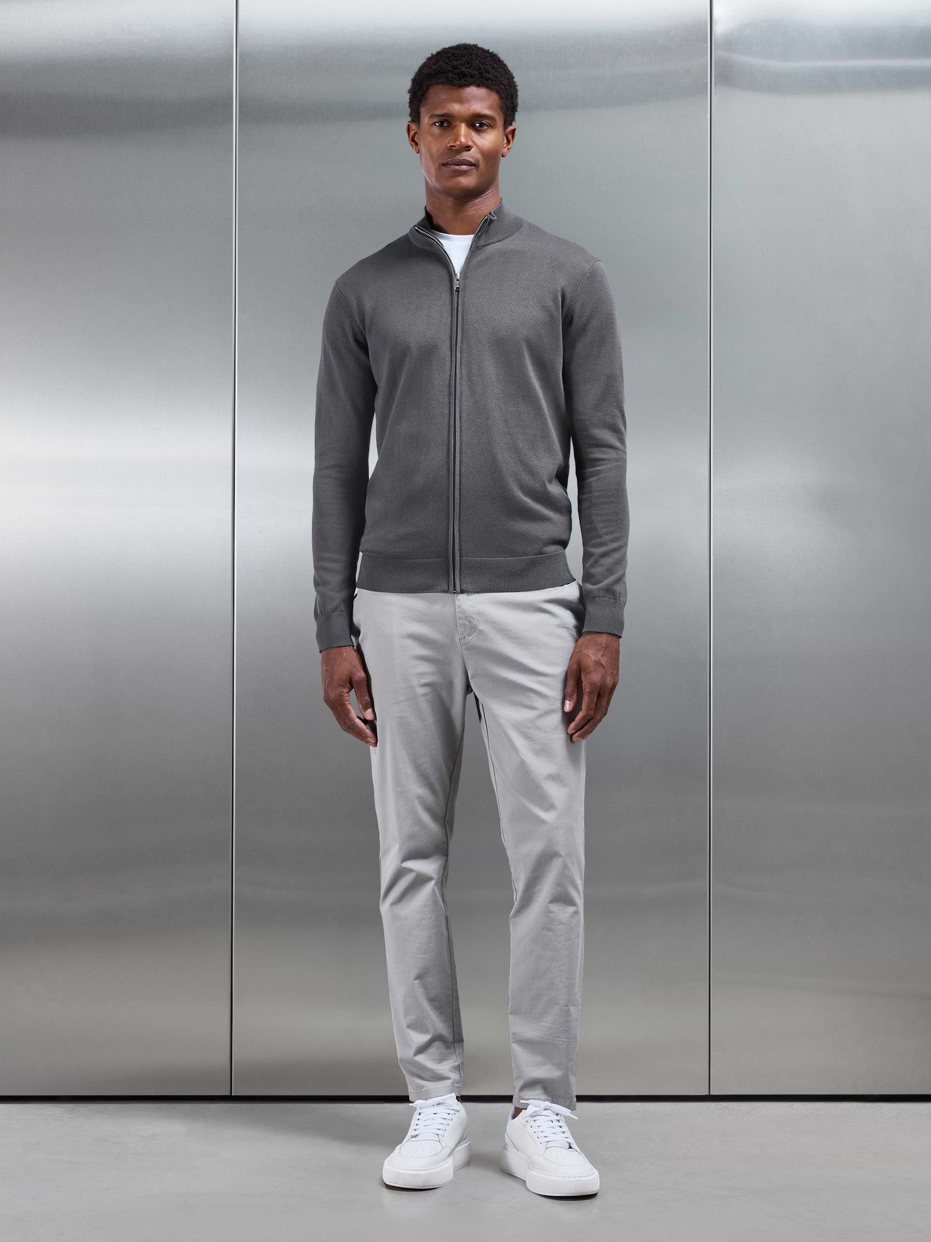 Mens Cotton Knitted Zip Through Jacket in Grey