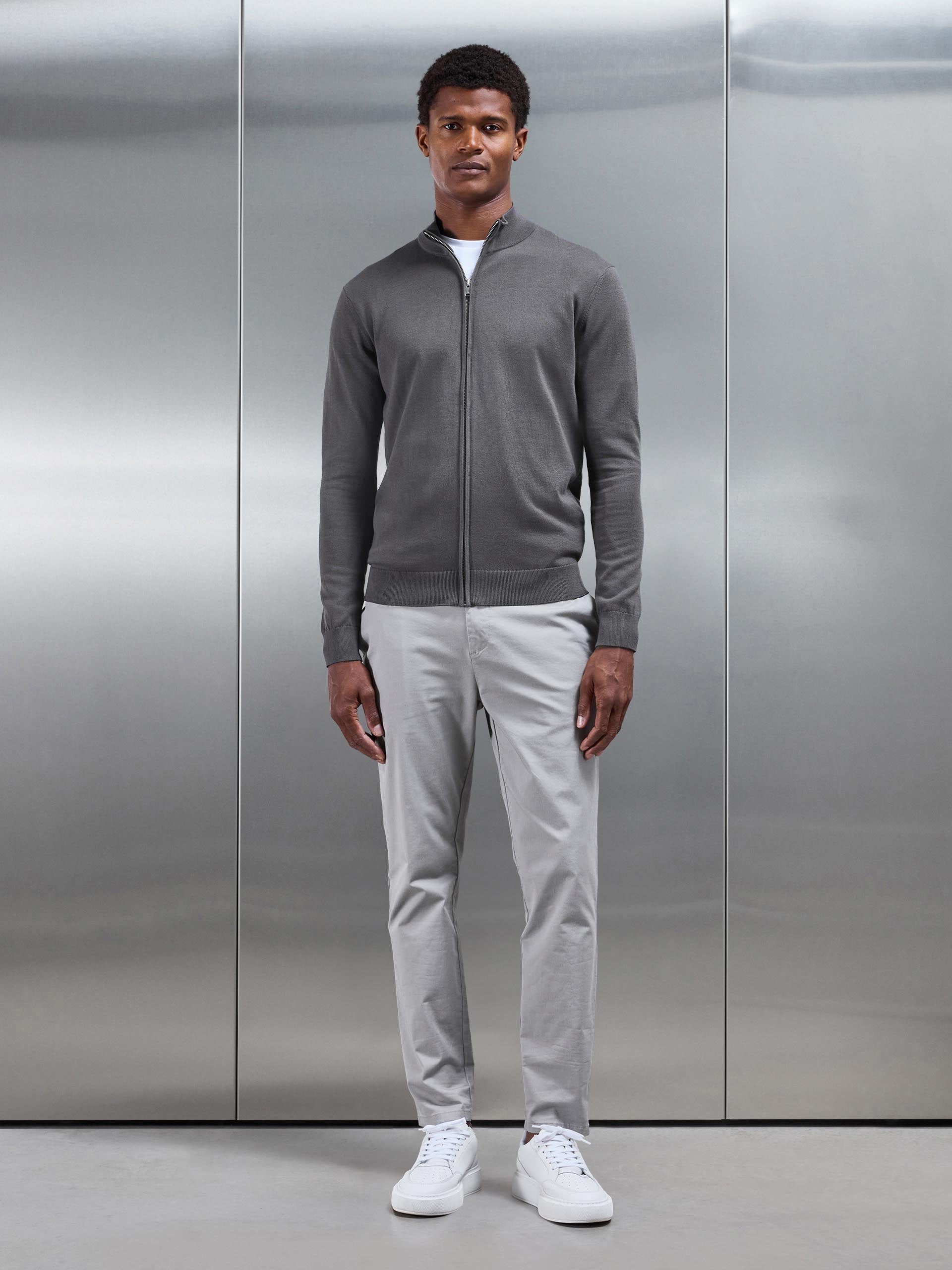 Mens Cotton Knitted Zip Through Jacket in Grey