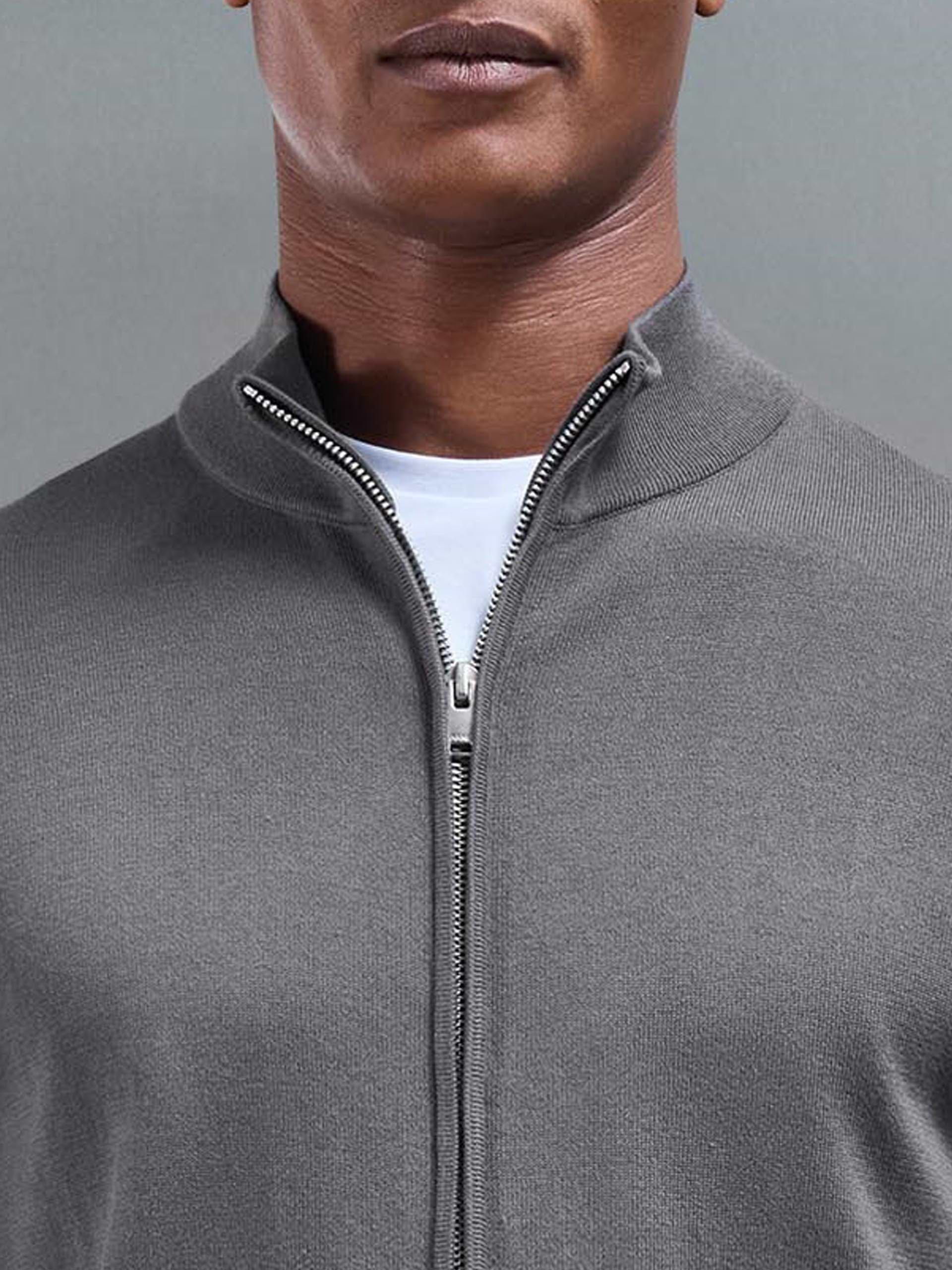Cotton Knitted Zip Through Jacket in Grey
