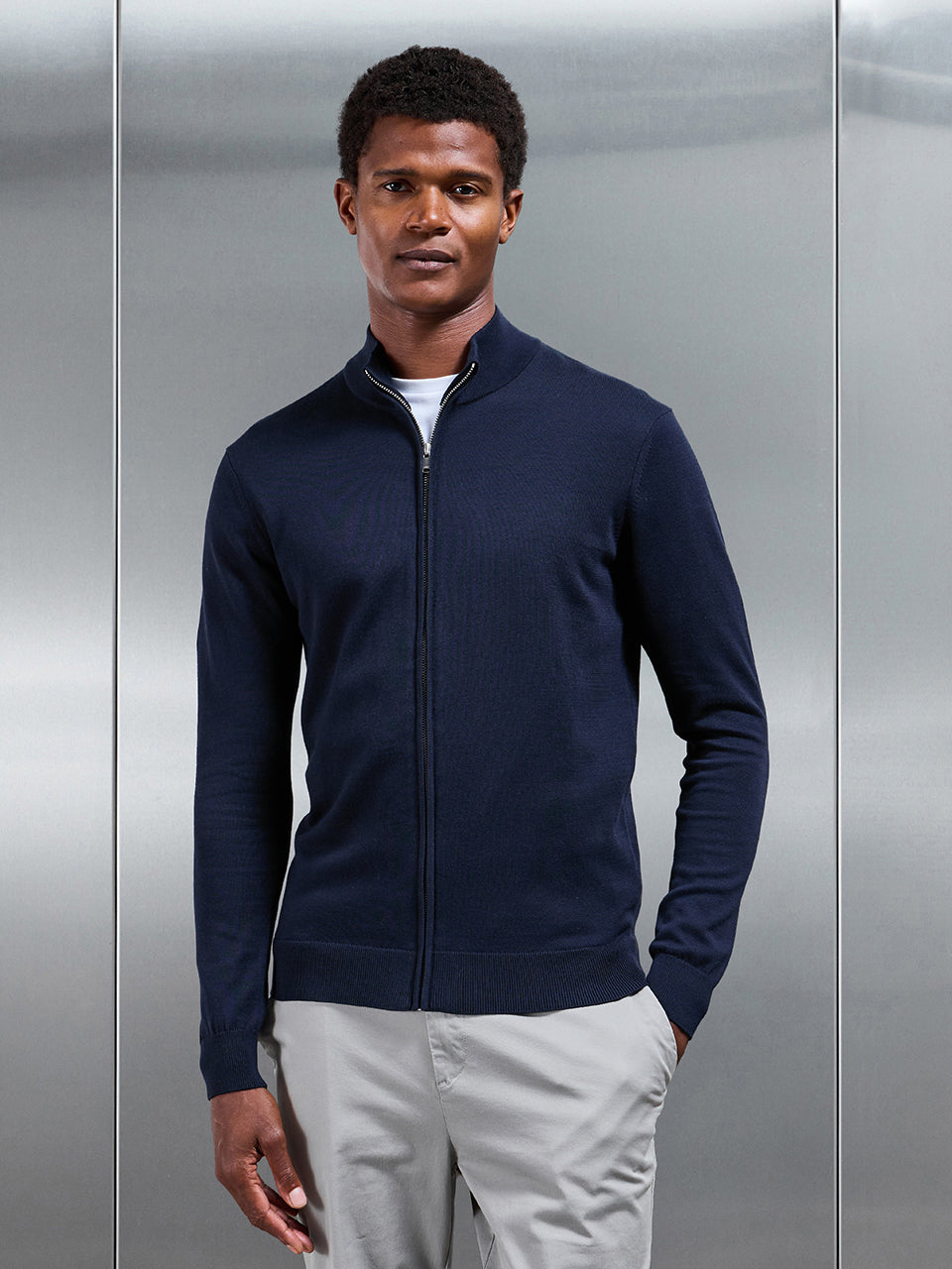 Mens Cotton Knitted Zip Through Jacket in Navy