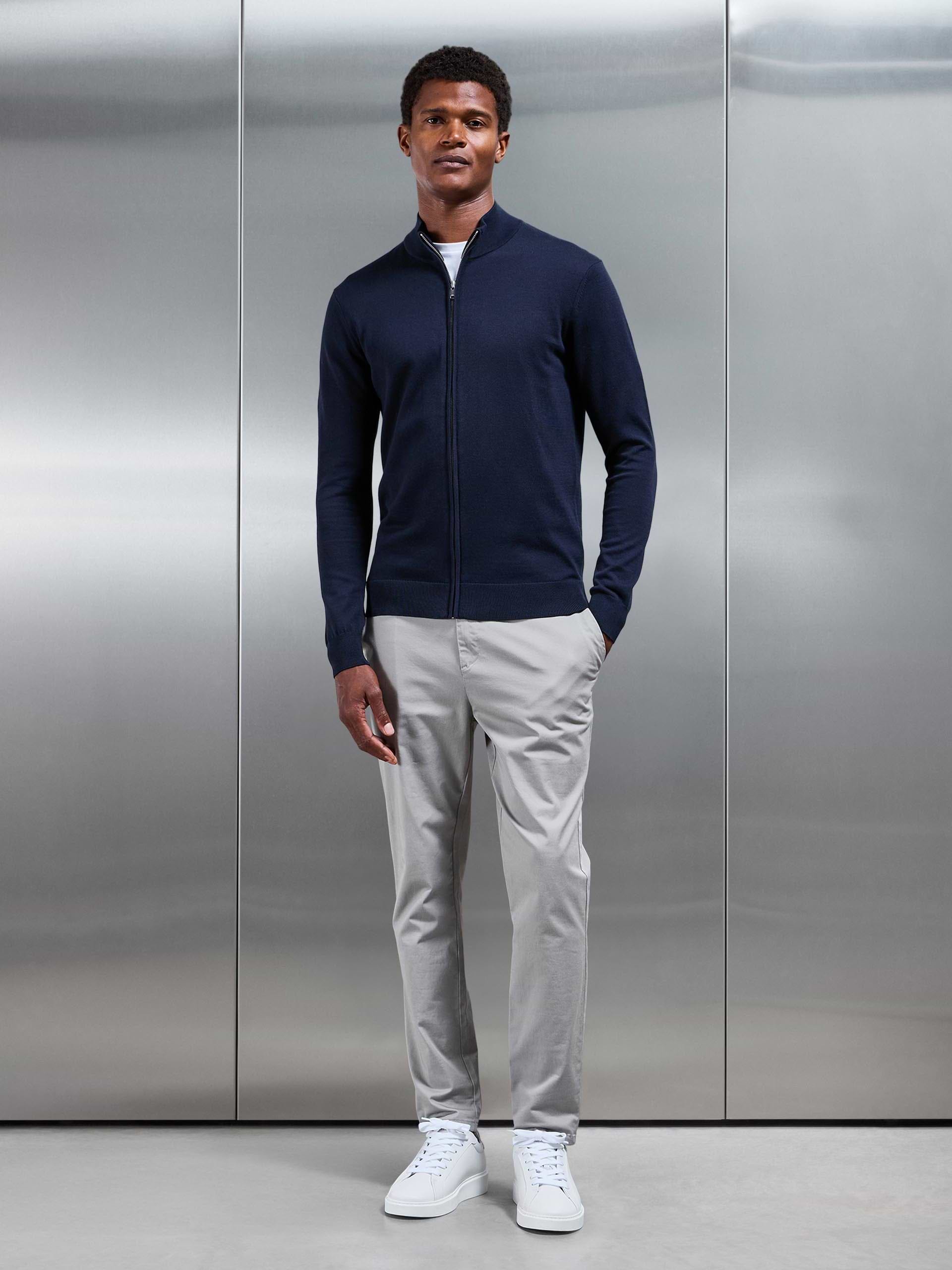 Mens Cotton Knitted Zip Through Jacket in Navy