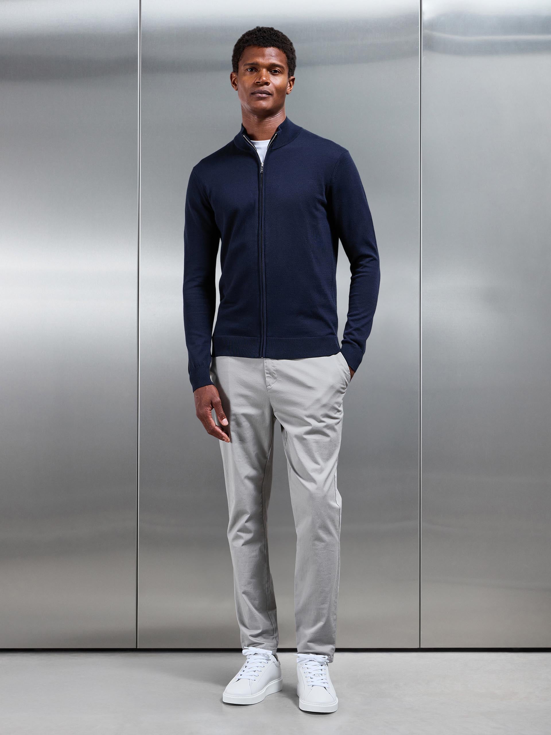 Mens Cotton Knitted Zip Through Jacket in Navy