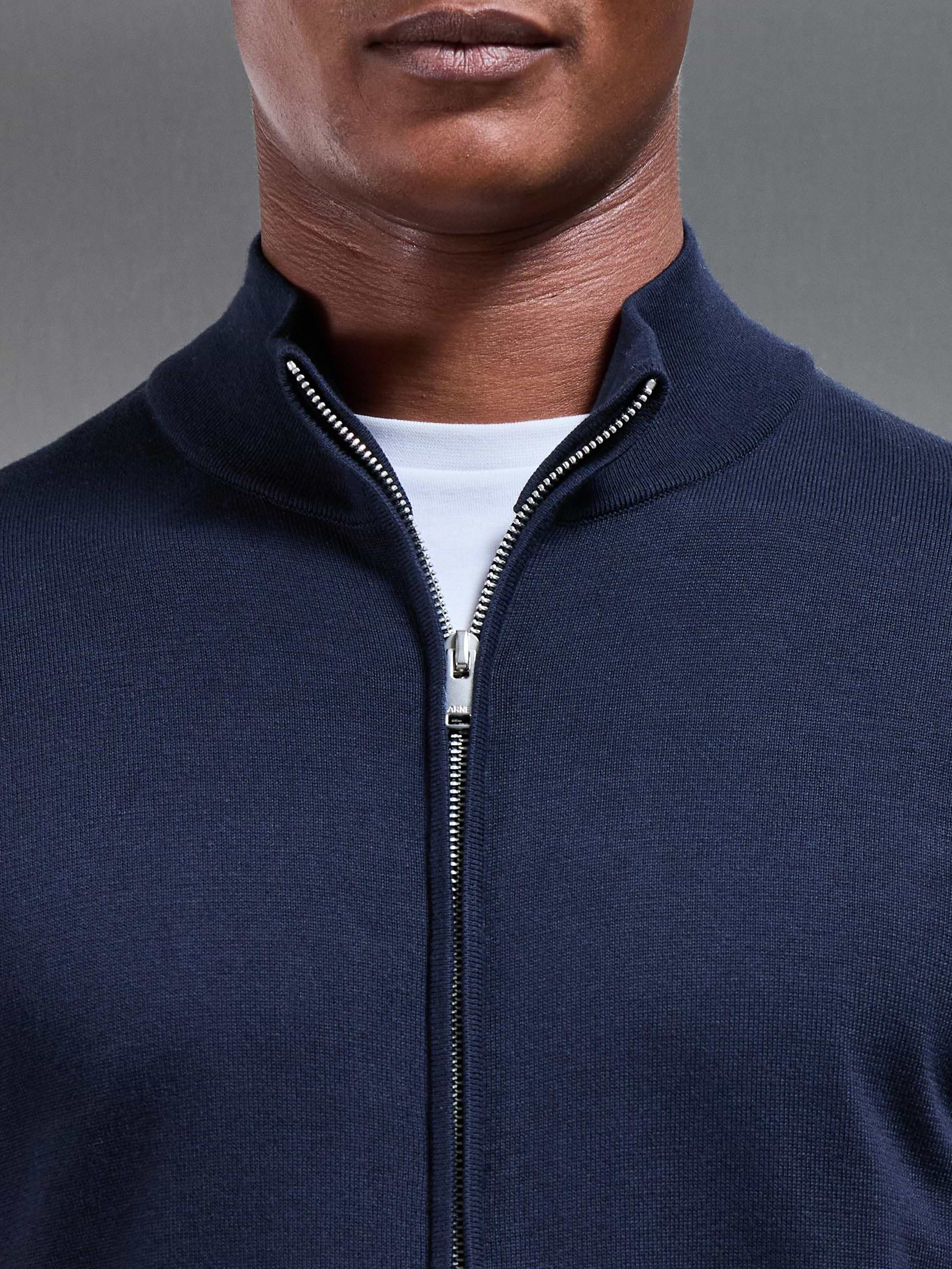 Cotton Knitted Zip Through Jacket in Navy