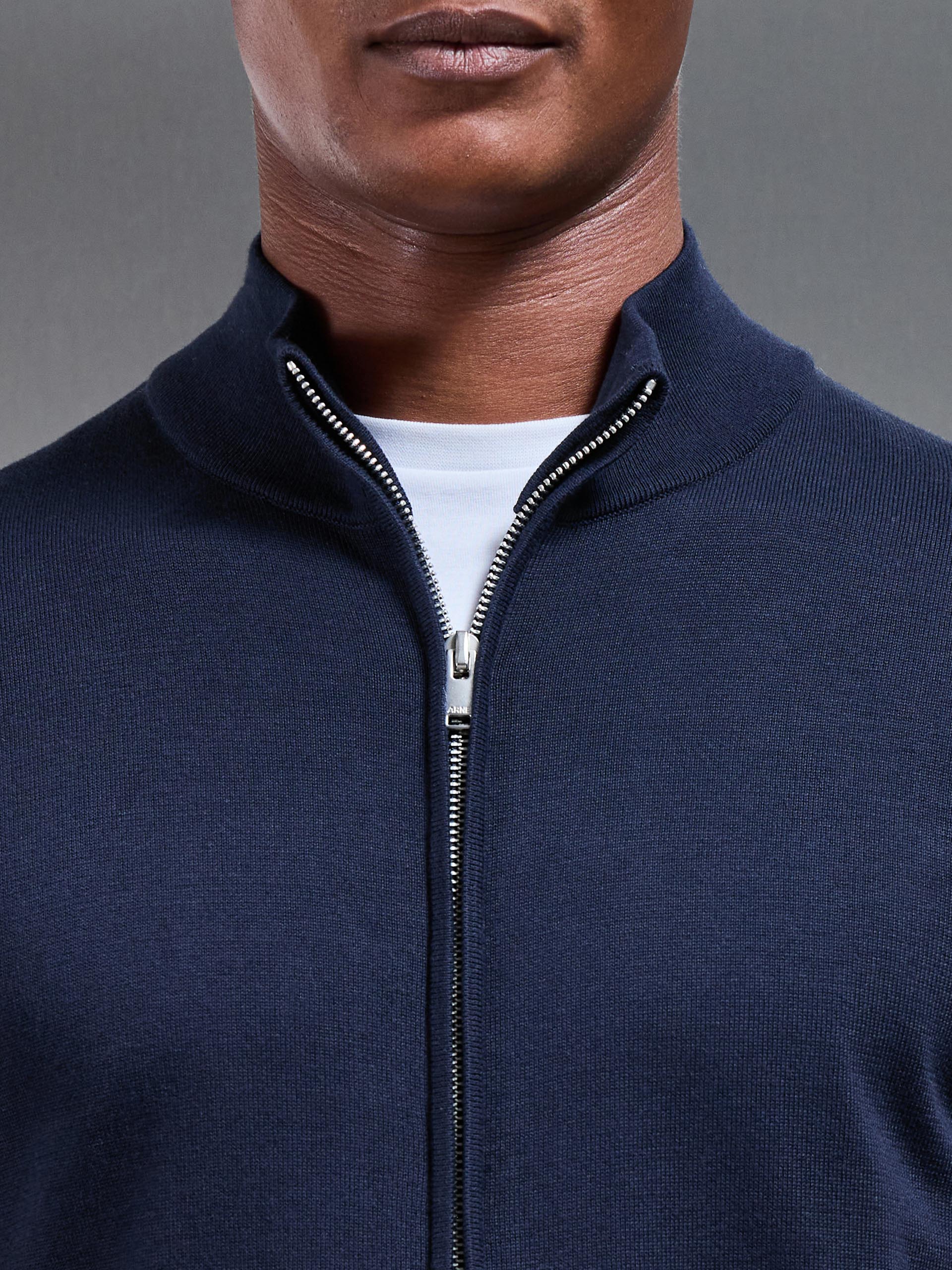 Mens Cotton Knitted Zip Through Jacket in Navy