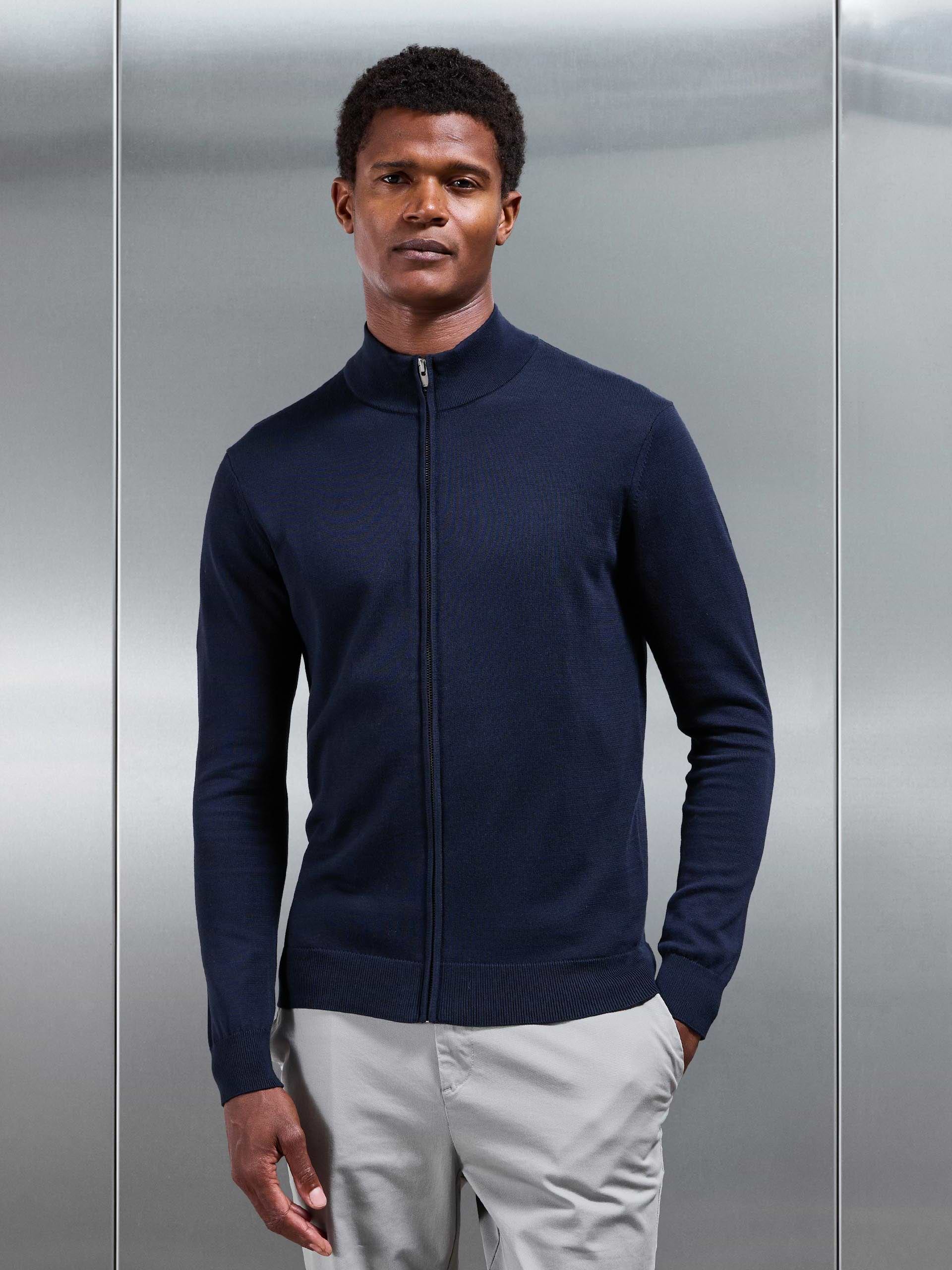 Cotton Knitted Zip Through Jacket in Navy