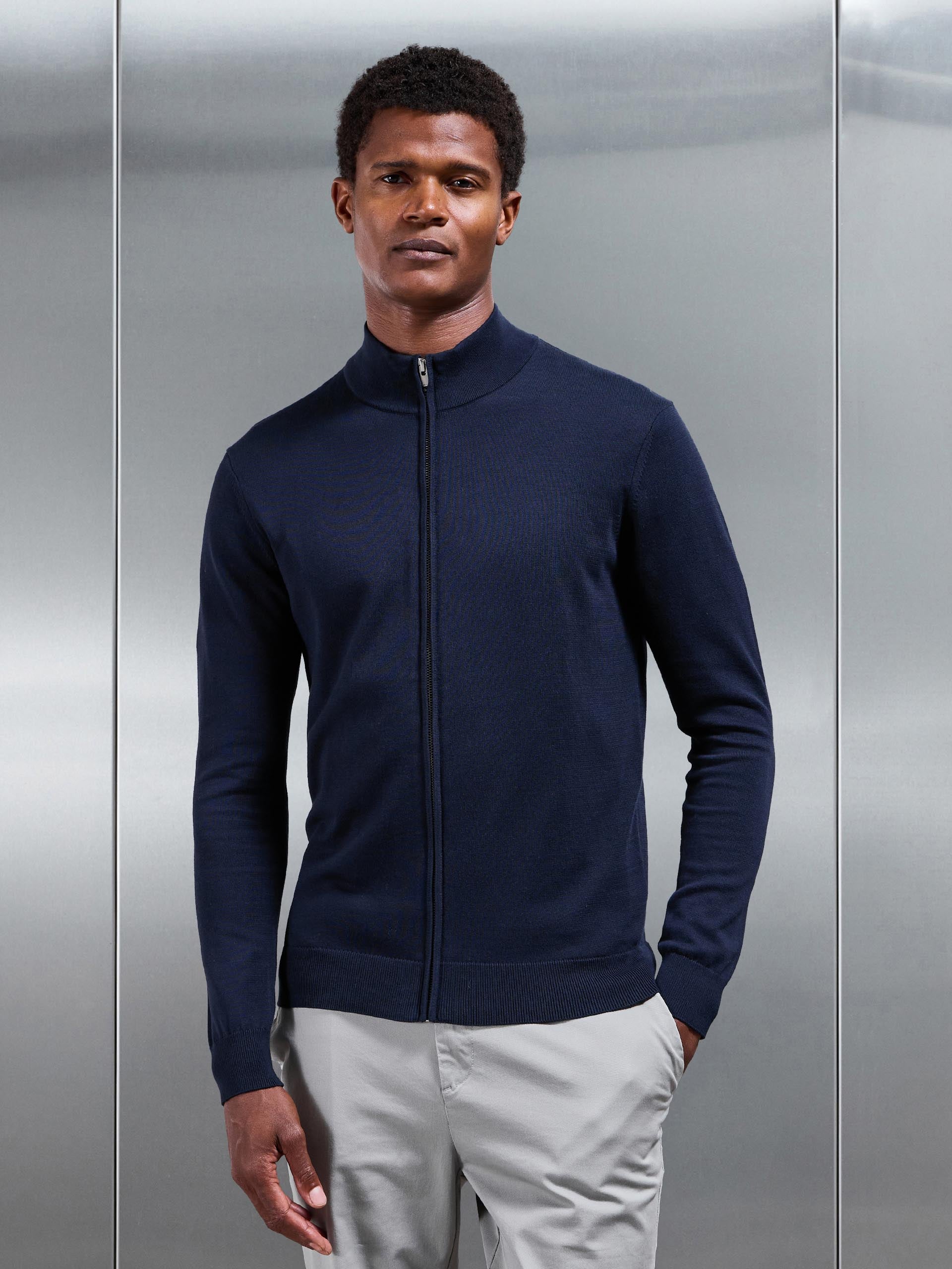 Mens Cotton Knitted Zip Through Jacket in Navy