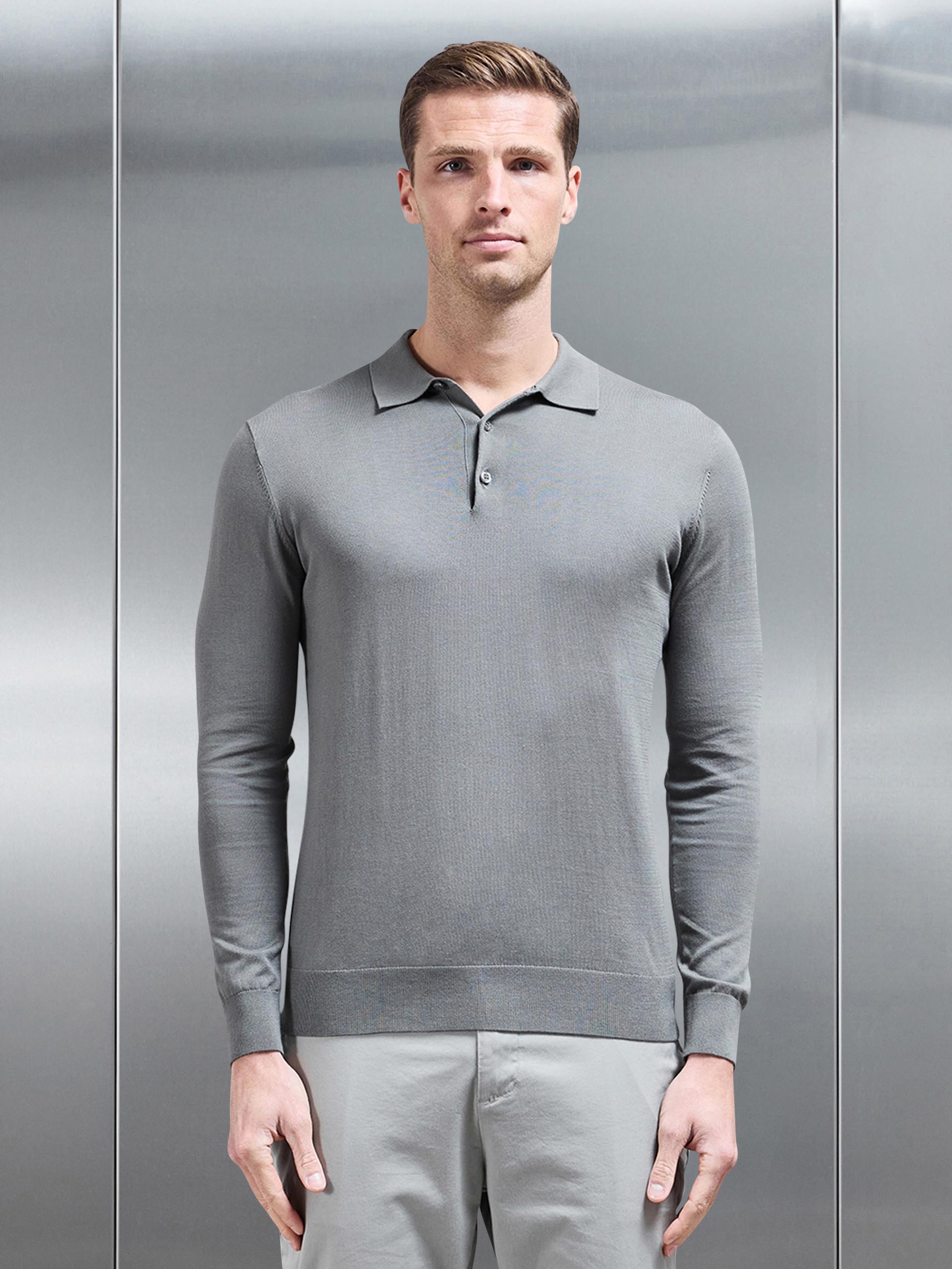 Mens Cotton and Silk Long Sleeve Button Polo Shirt in Sage