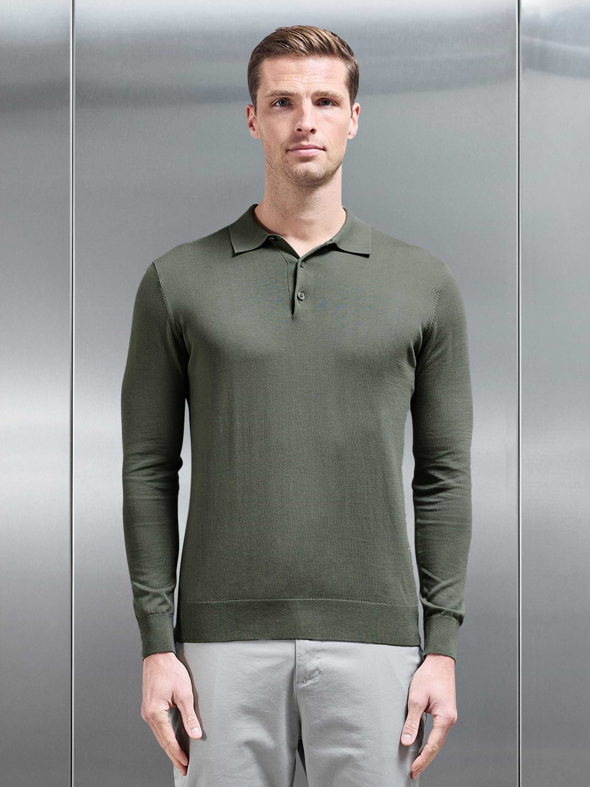 Cotton and Silk Long Sleeve Button Polo Shirt in Sage