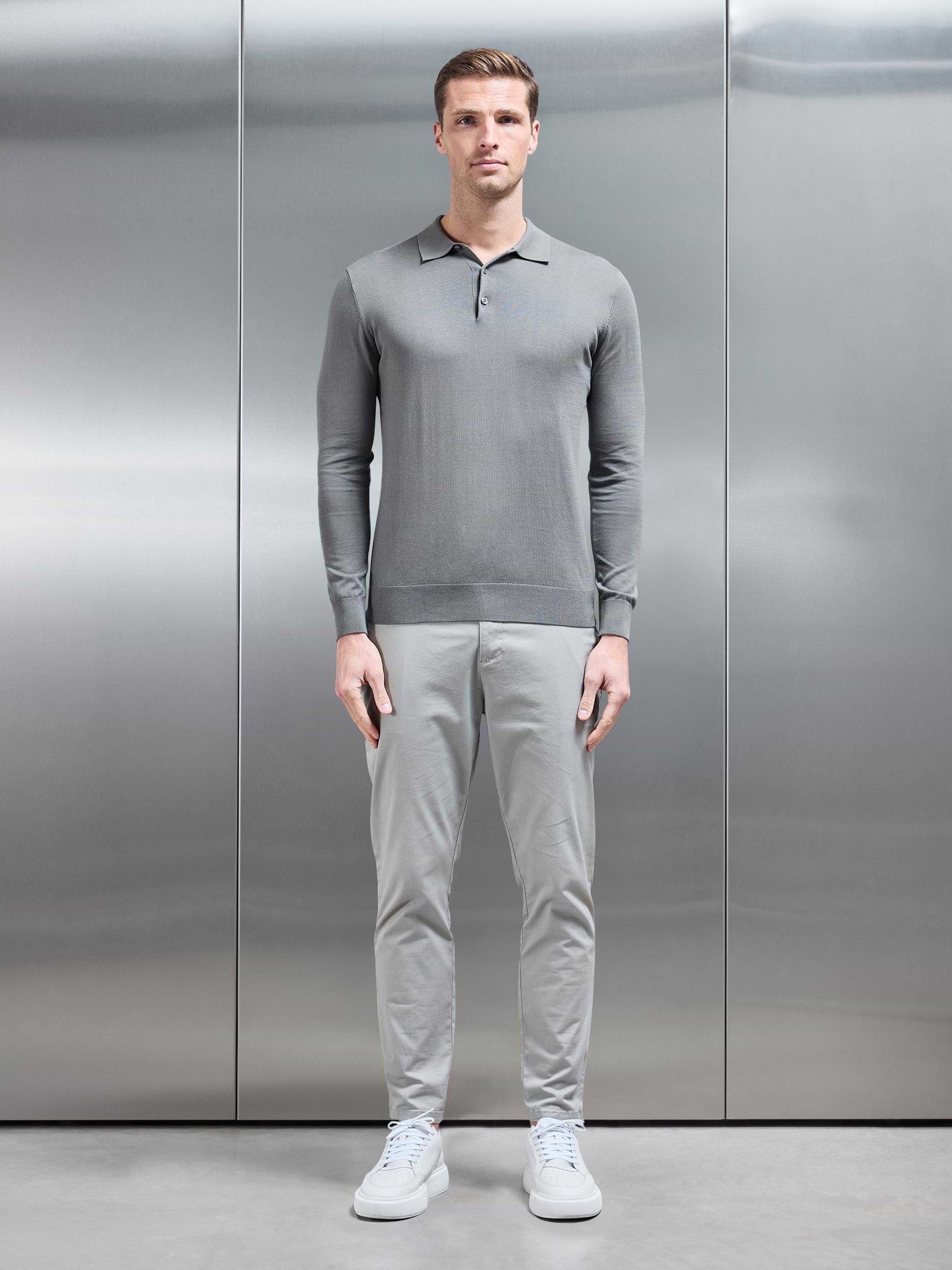 Mens Cotton and Silk Long Sleeve Button Polo Shirt in Sage