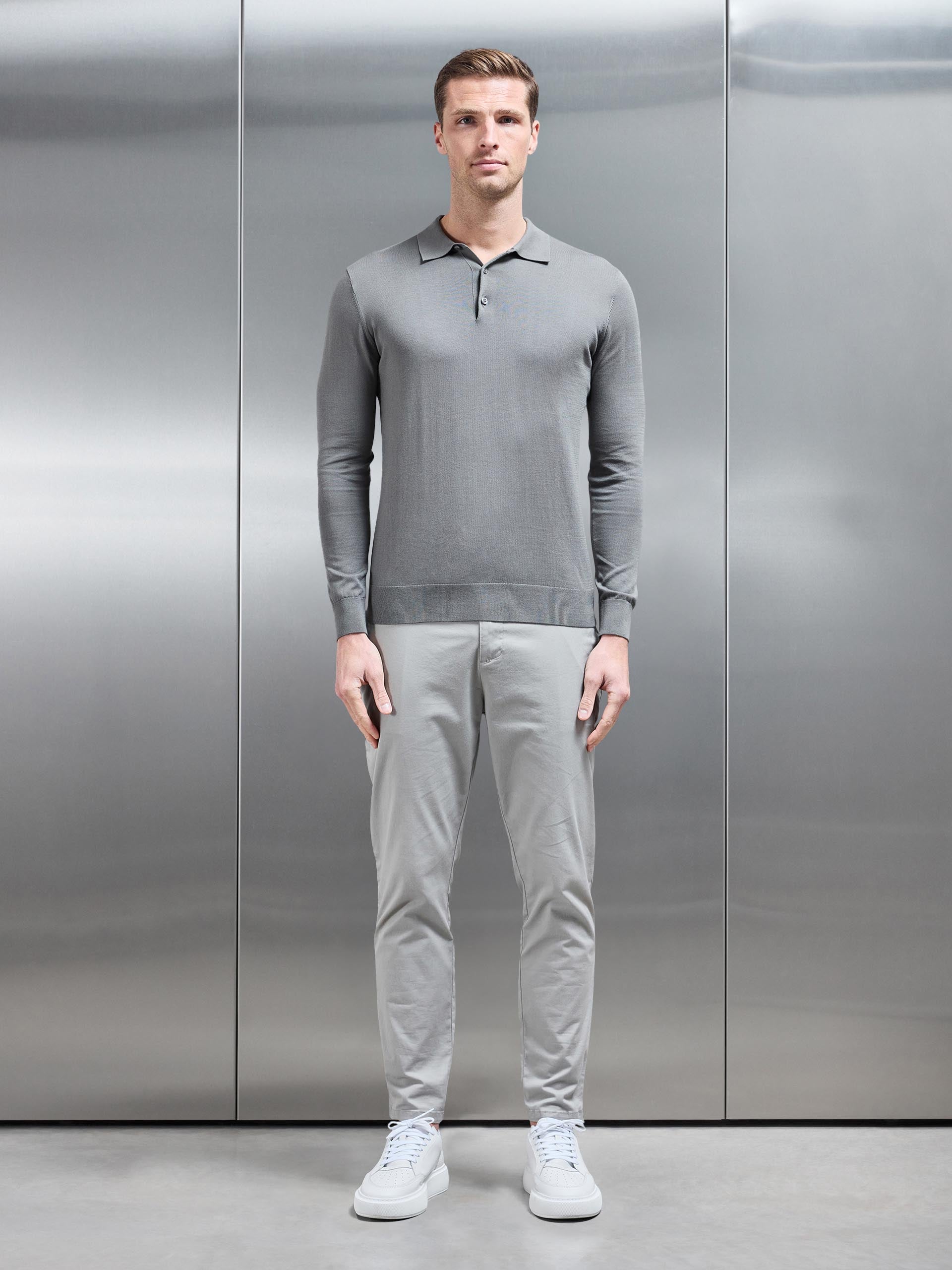 Mens Cotton and Silk Long Sleeve Button Polo Shirt in Sage