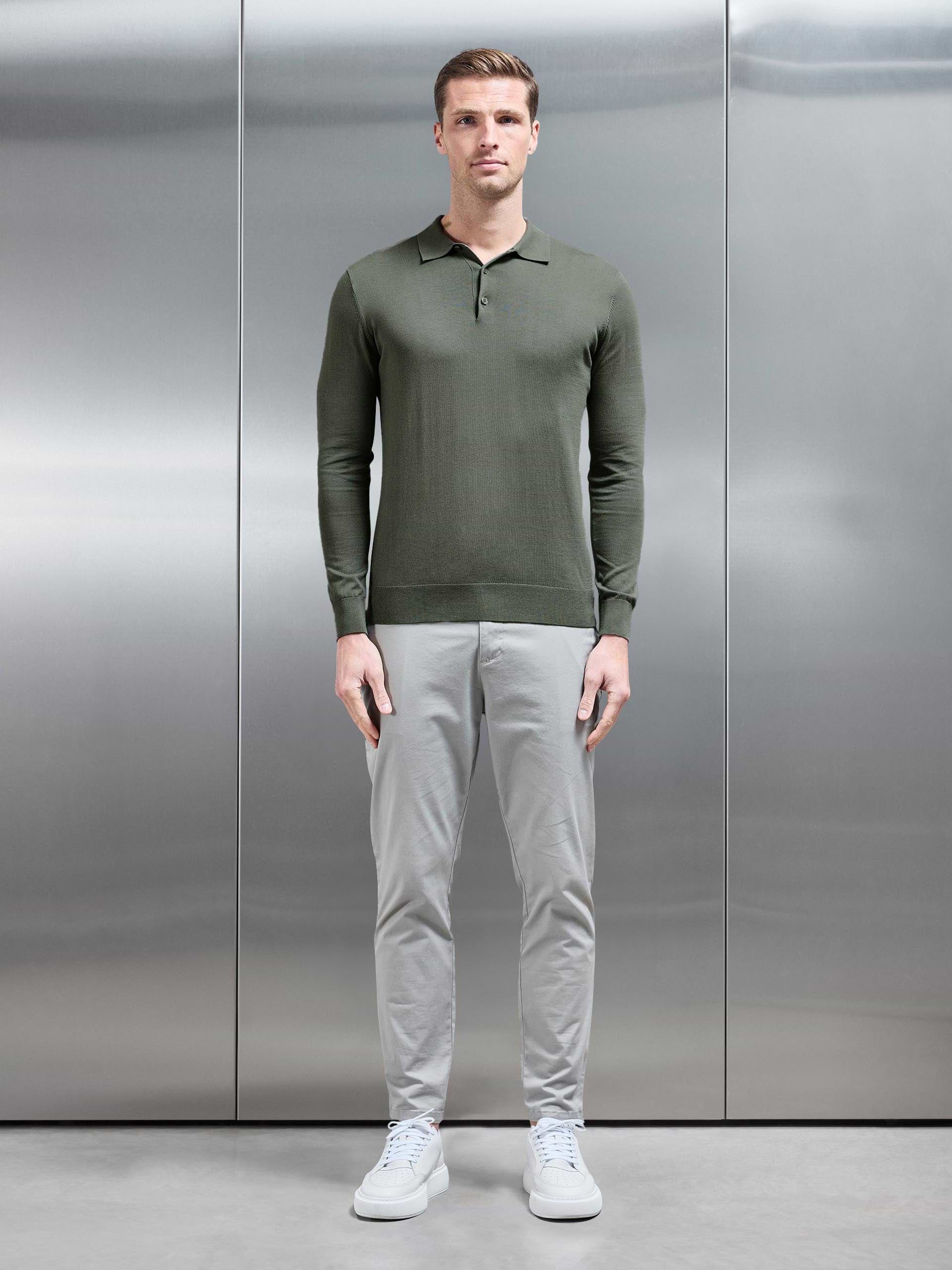 Cotton and Silk Long Sleeve Button Polo Shirt in Sage