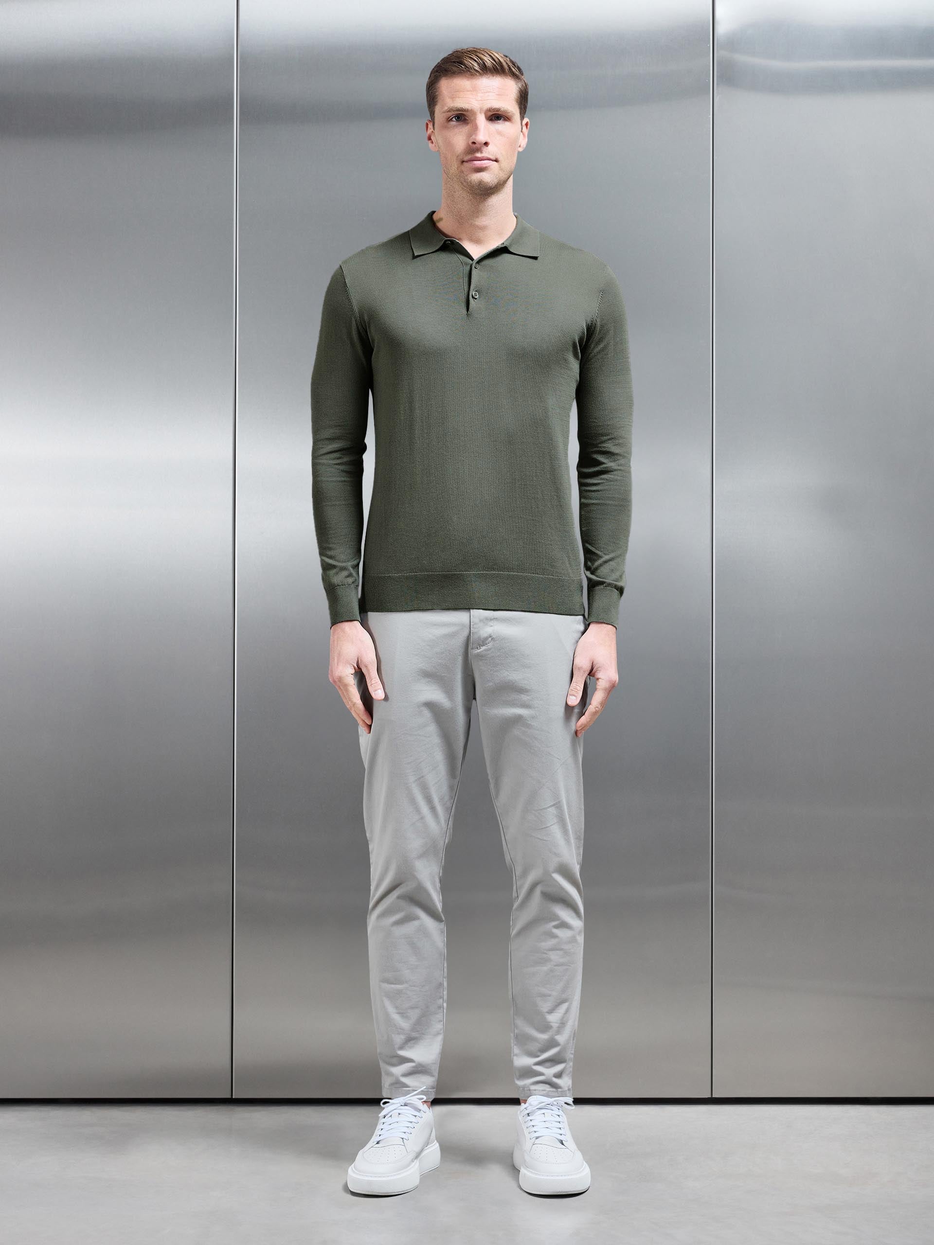 Cotton and Silk Long Sleeve Button Polo Shirt in Sage