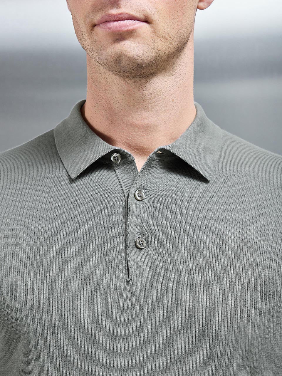 Mens Cotton and Silk Long Sleeve Button Polo Shirt in Sage
