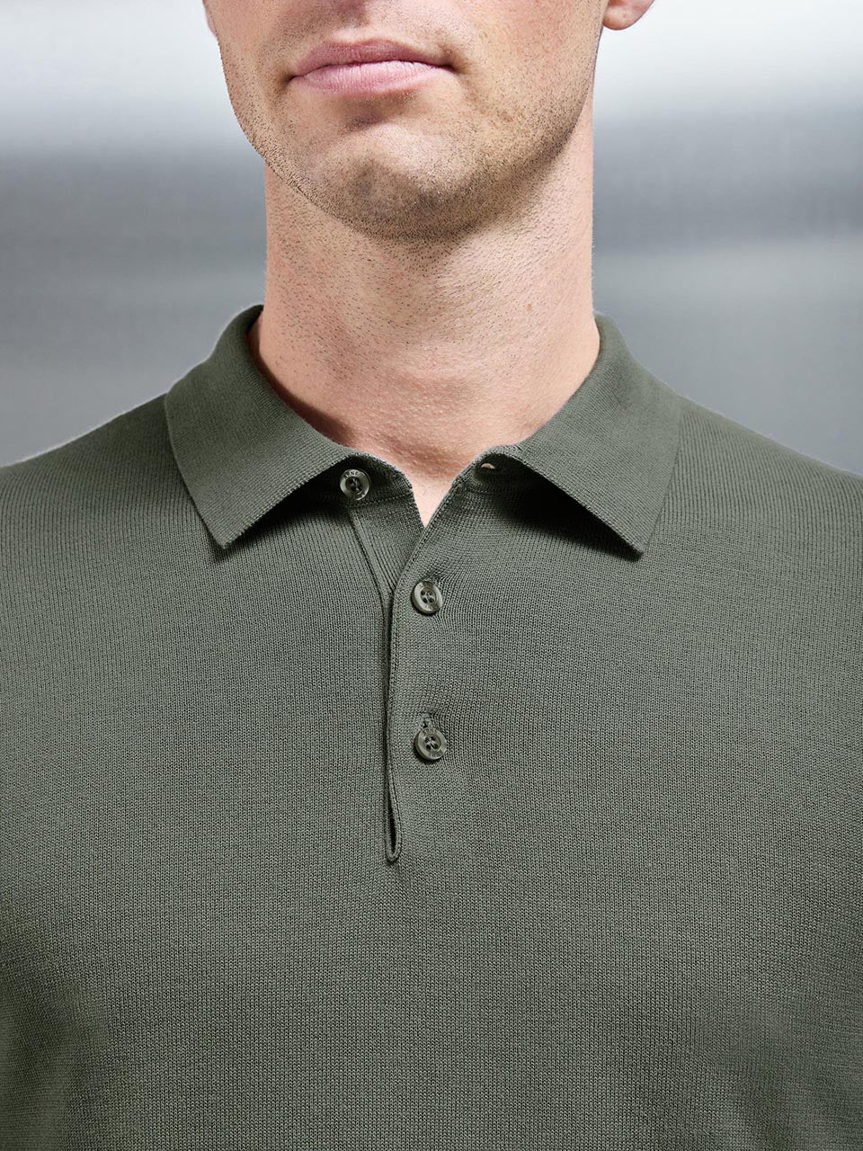 Cotton and Silk Long Sleeve Button Polo Shirt in Sage