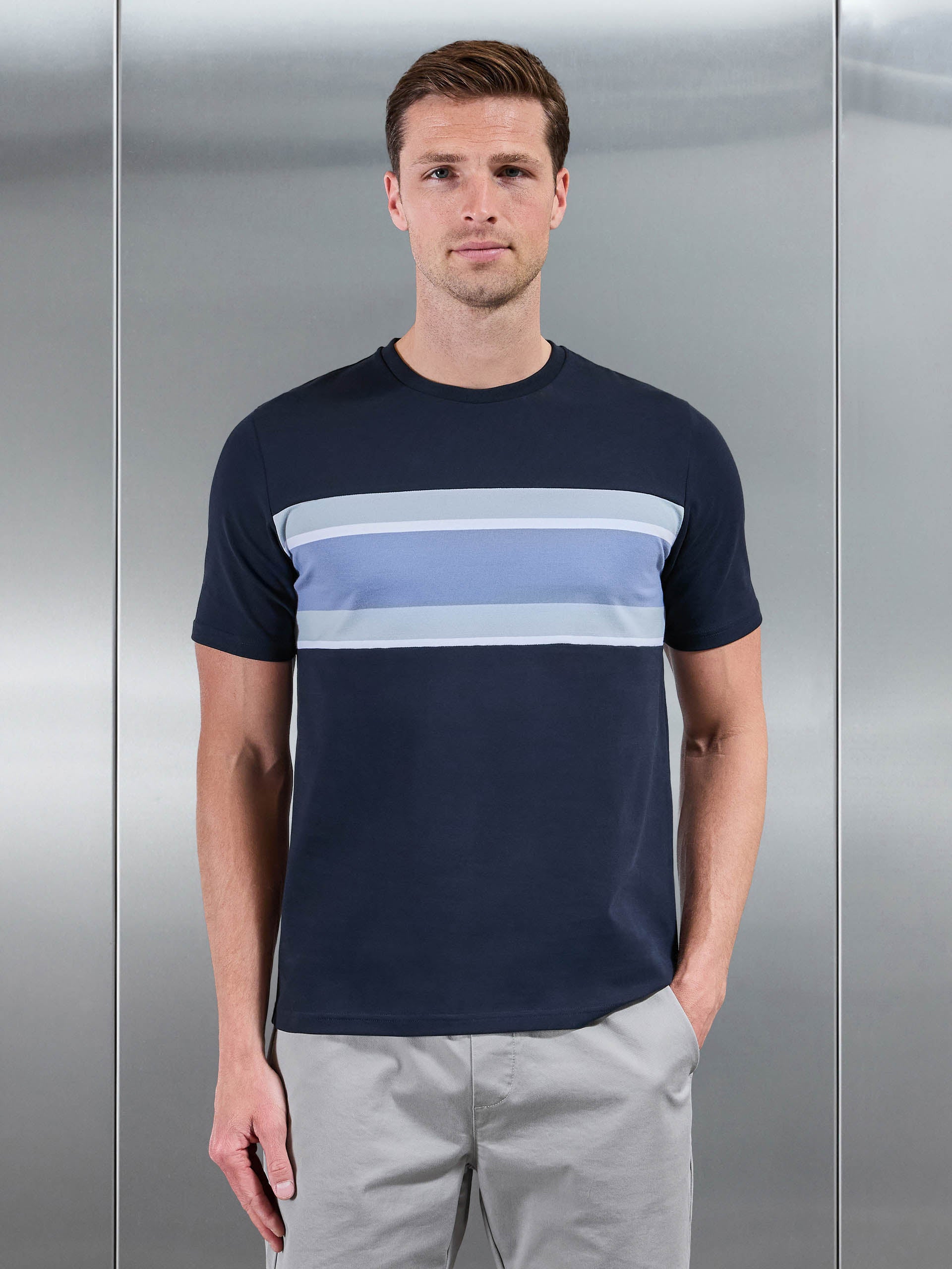 Mens Cotton Stretch Colour Block T-Shirt in Navy