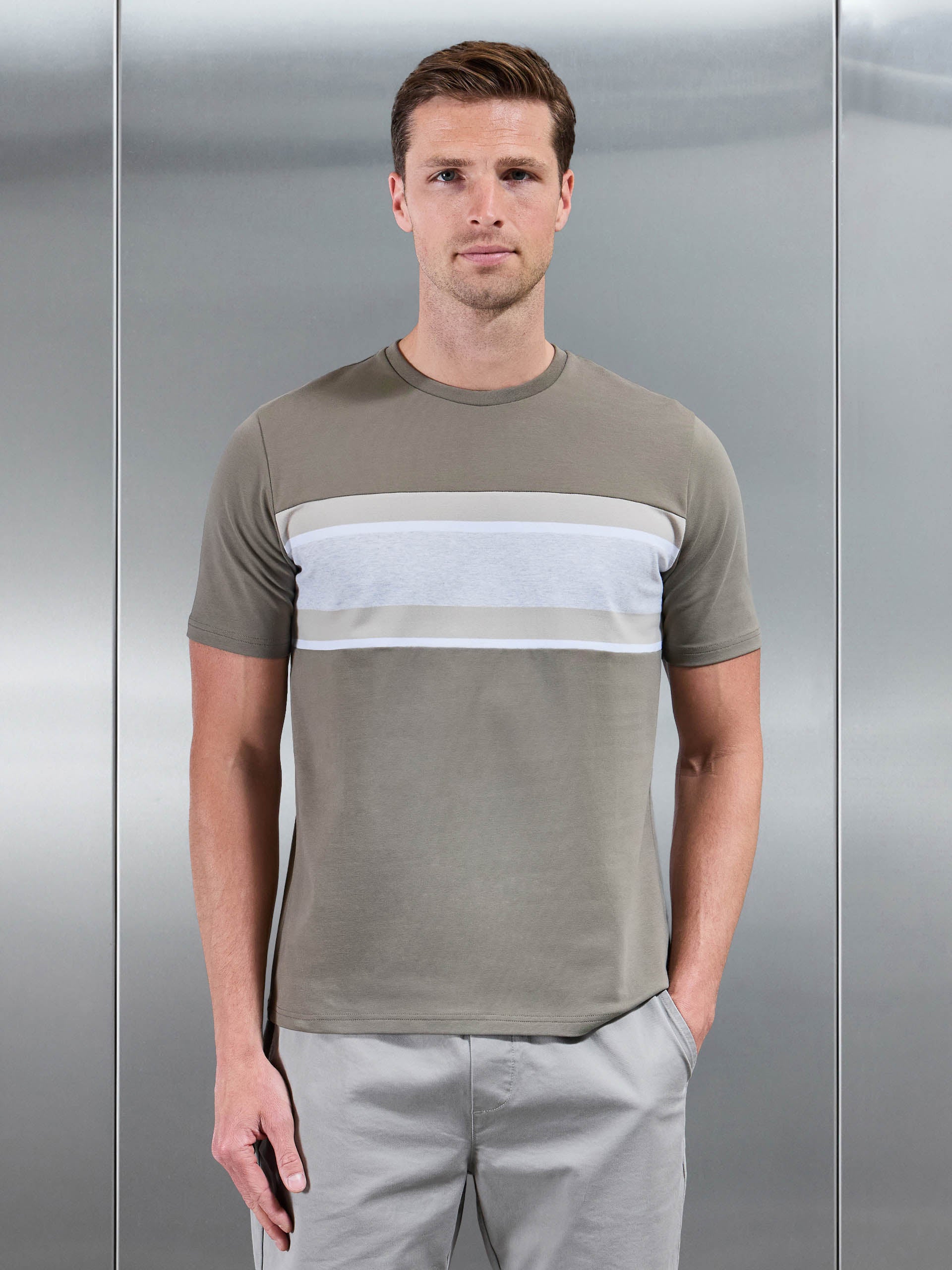 Mens Cotton Stretch Colour Block T-Shirt in Sage