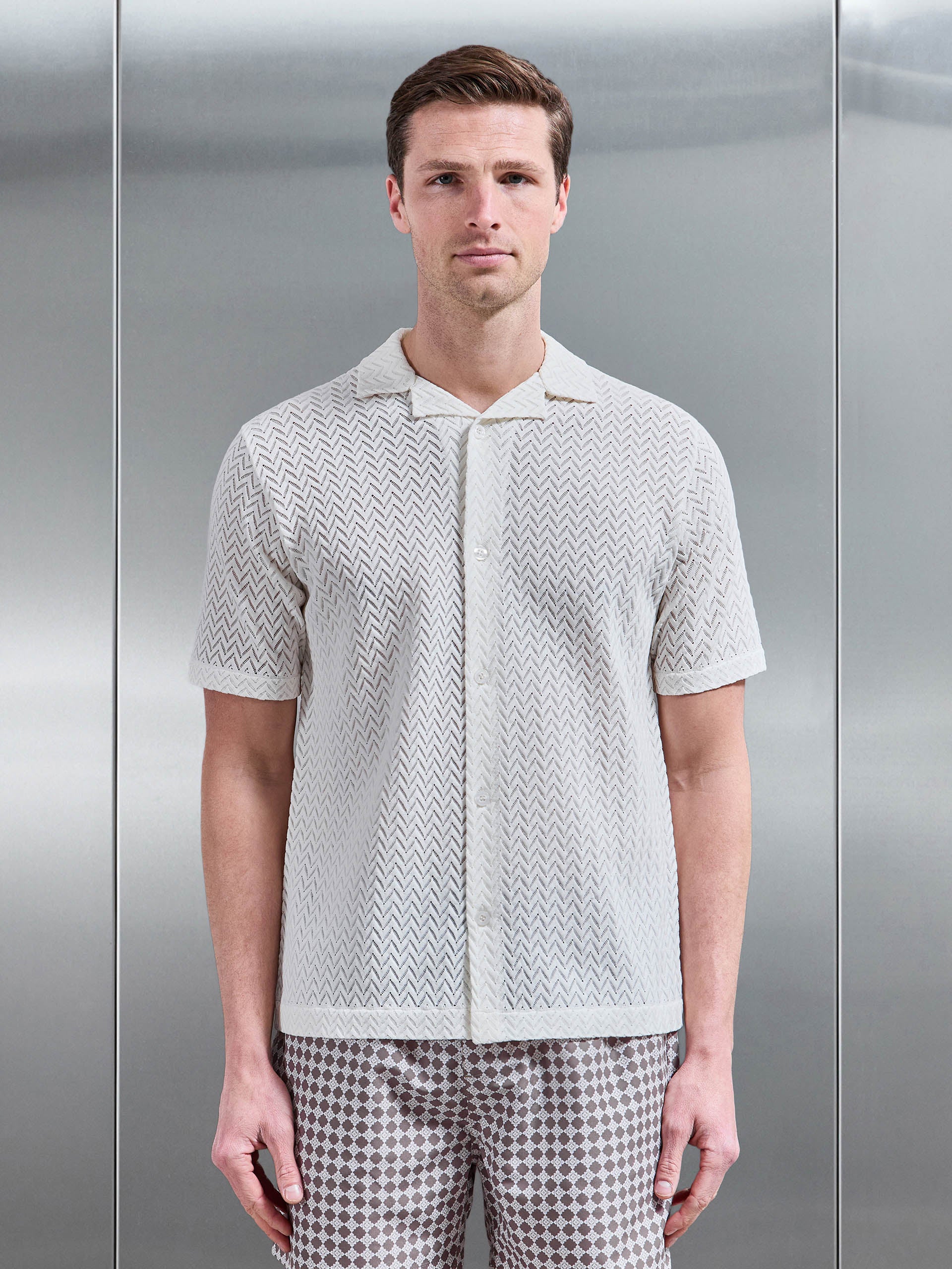 Mens Crochet Revere Collar Shirt in Ecru