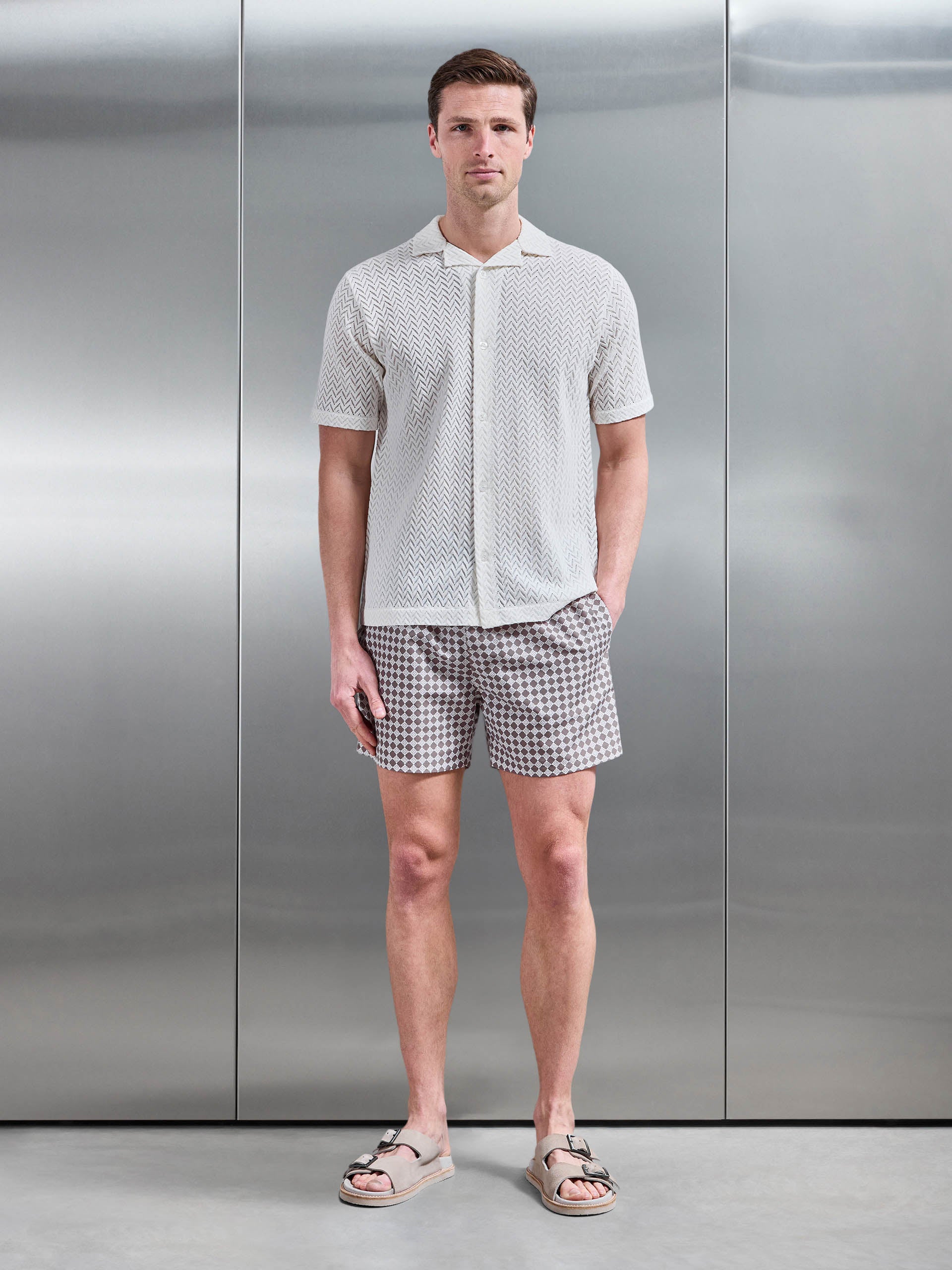 Mens Crochet Revere Collar Shirt in Ecru