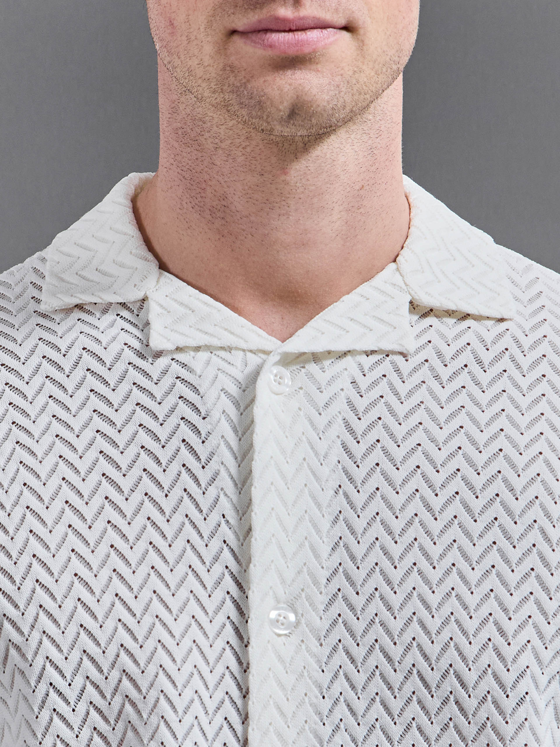 Mens Crochet Revere Collar Shirt in Ecru