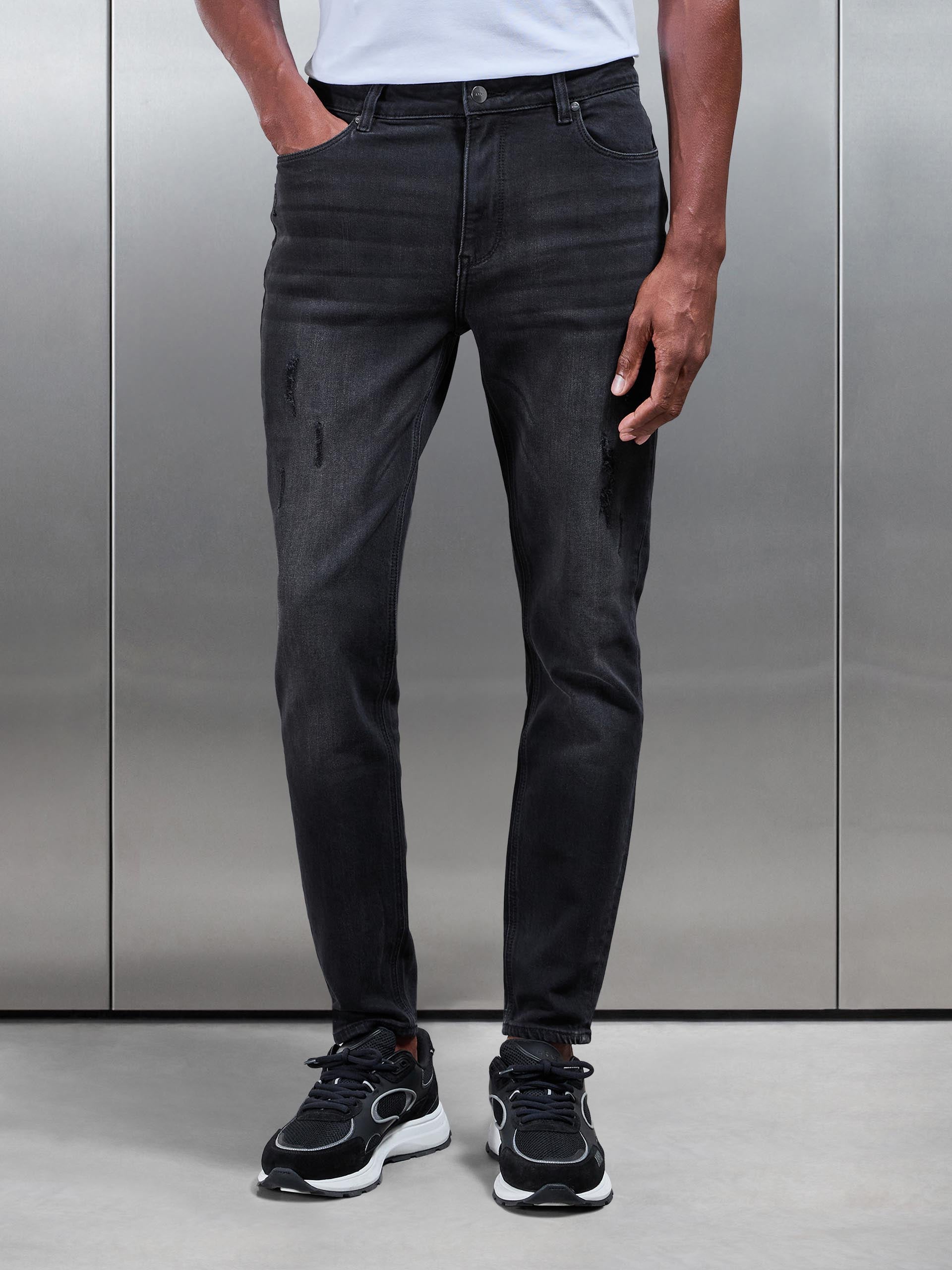 Mens Distressed Denim Jeans in Black Wash