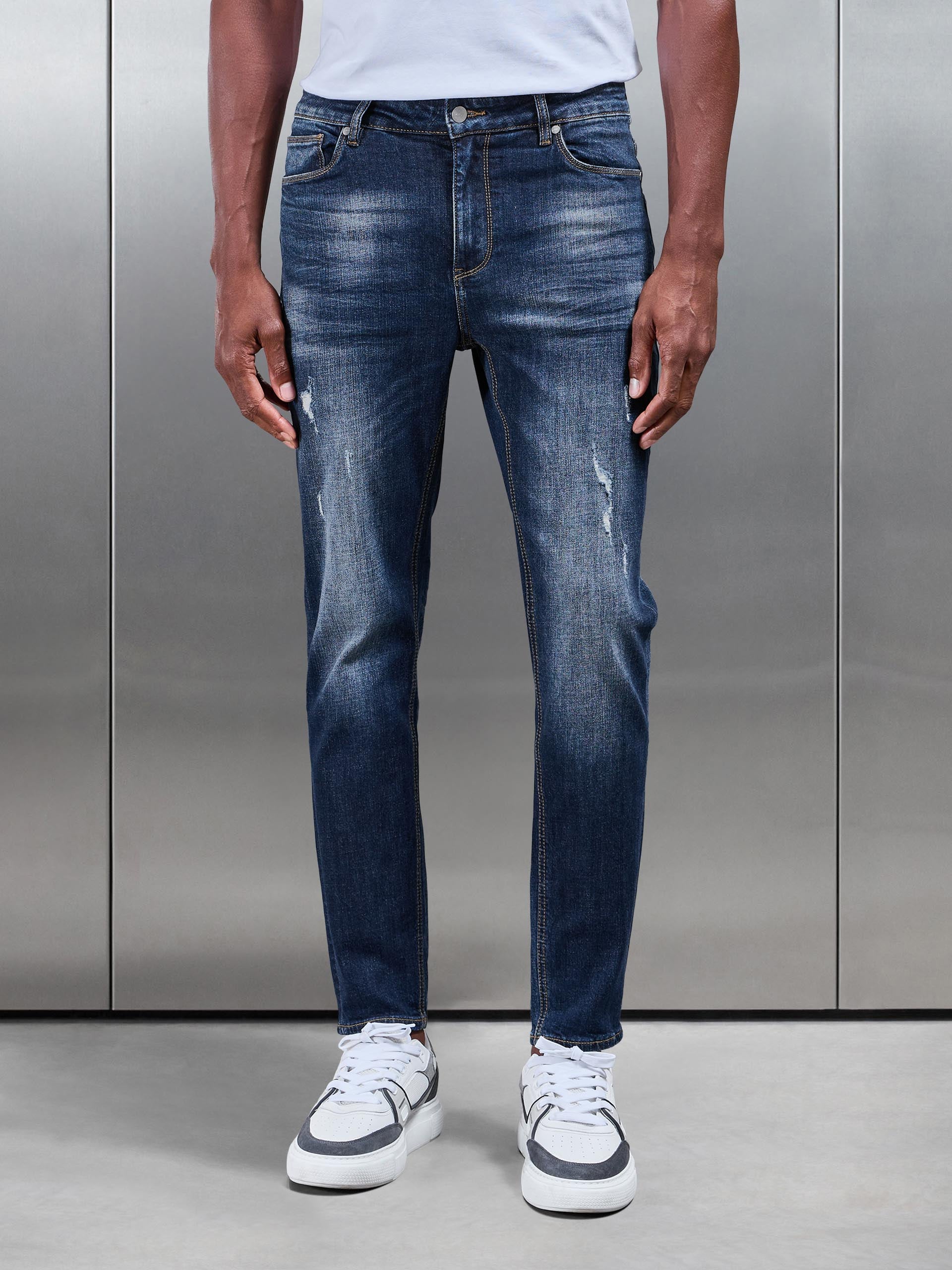 Mens Distressed Denim Jeans in Dark Wash