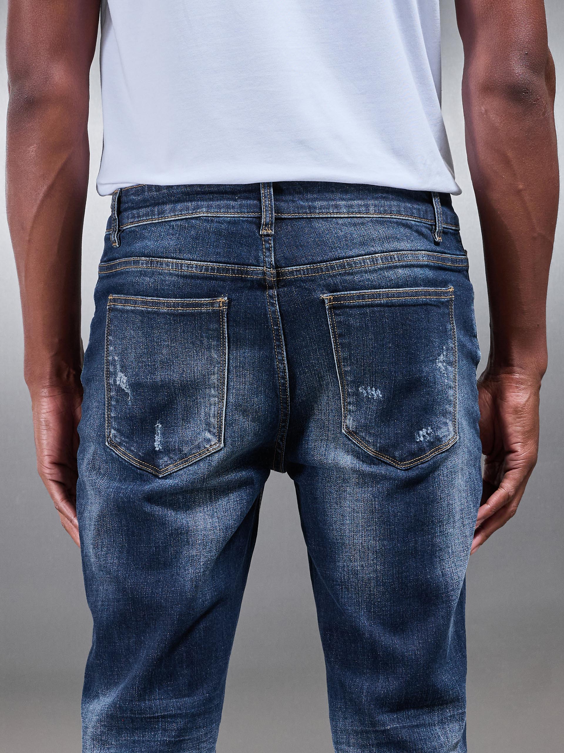 Mens Distressed Denim Jeans in Dark Wash