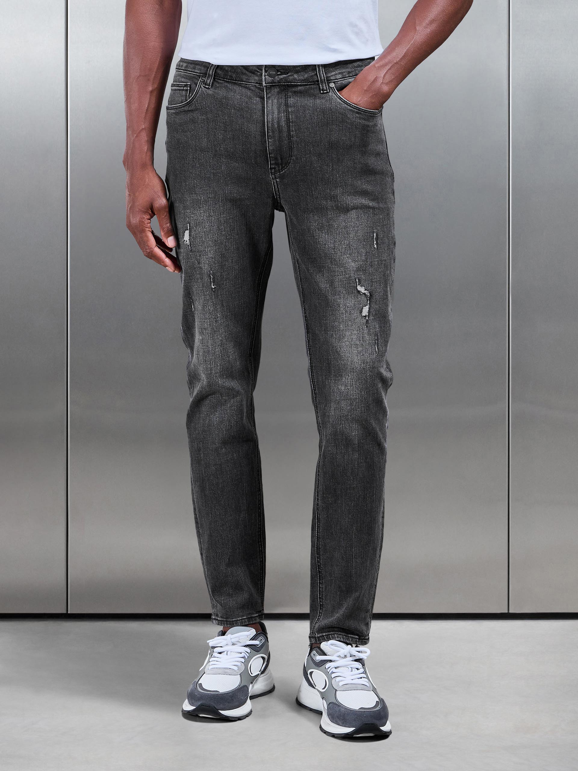 Mens Distressed Denim Jeans in Grey Wash