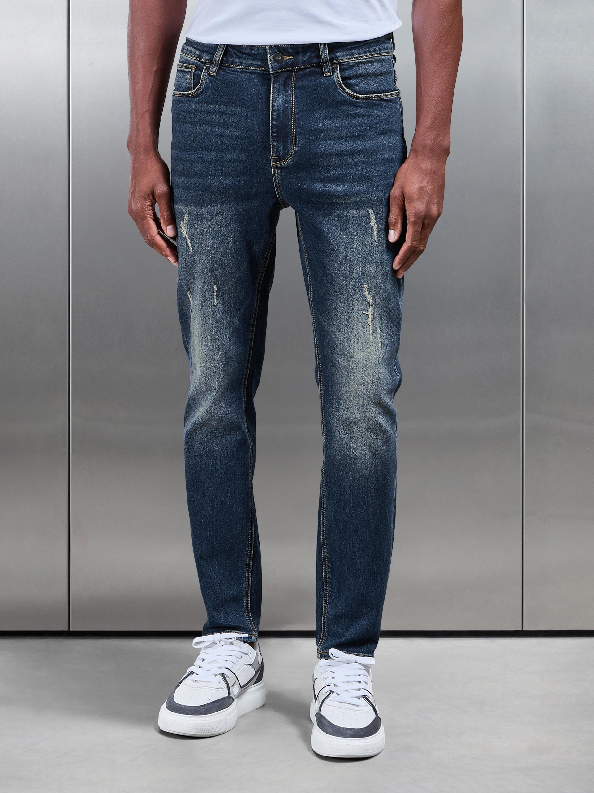 Mens Distressed Denim Jeans in Vintage Blue