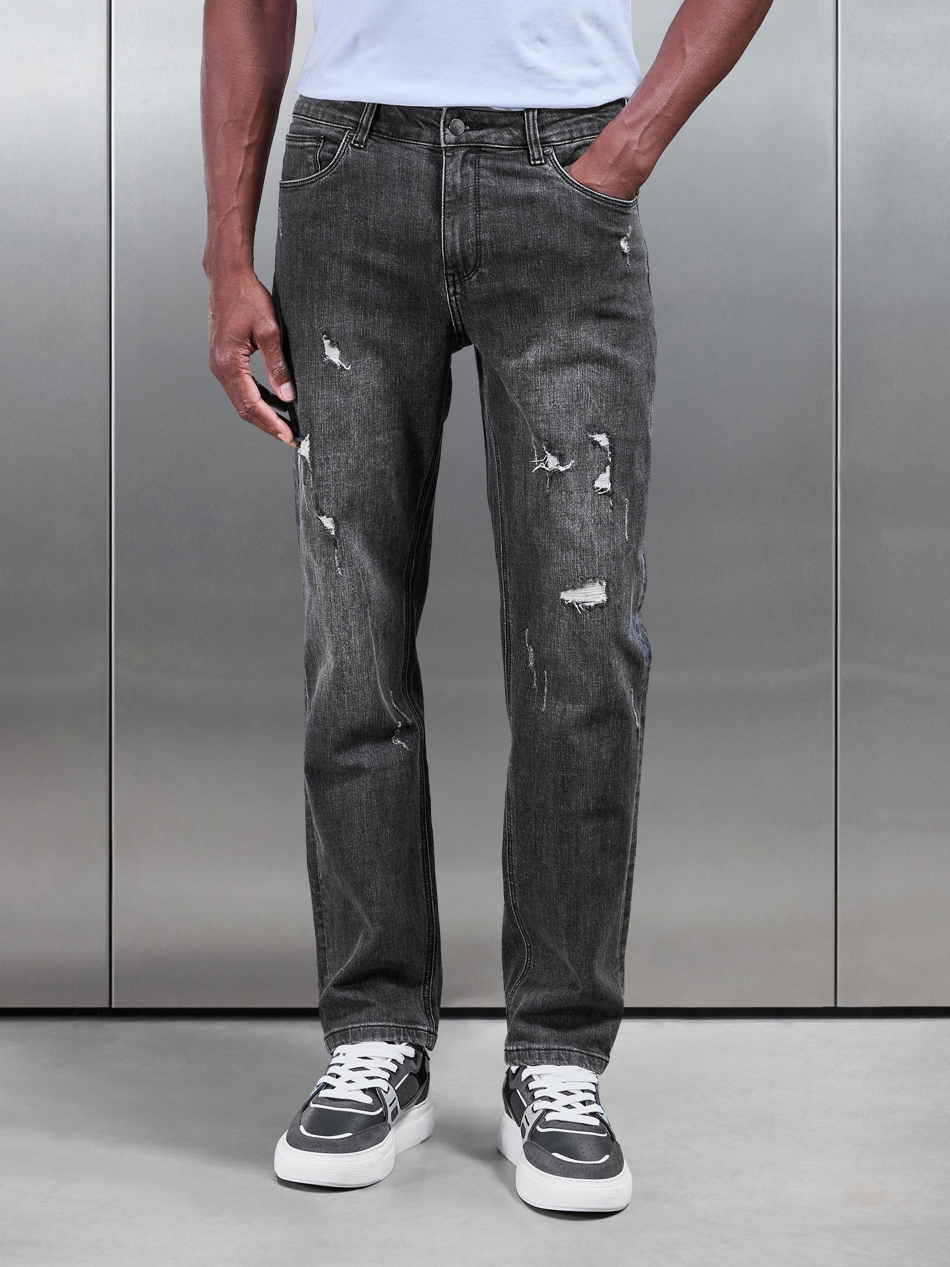 Mens Distressed Straight Leg Denim Jeans in Grey Wash