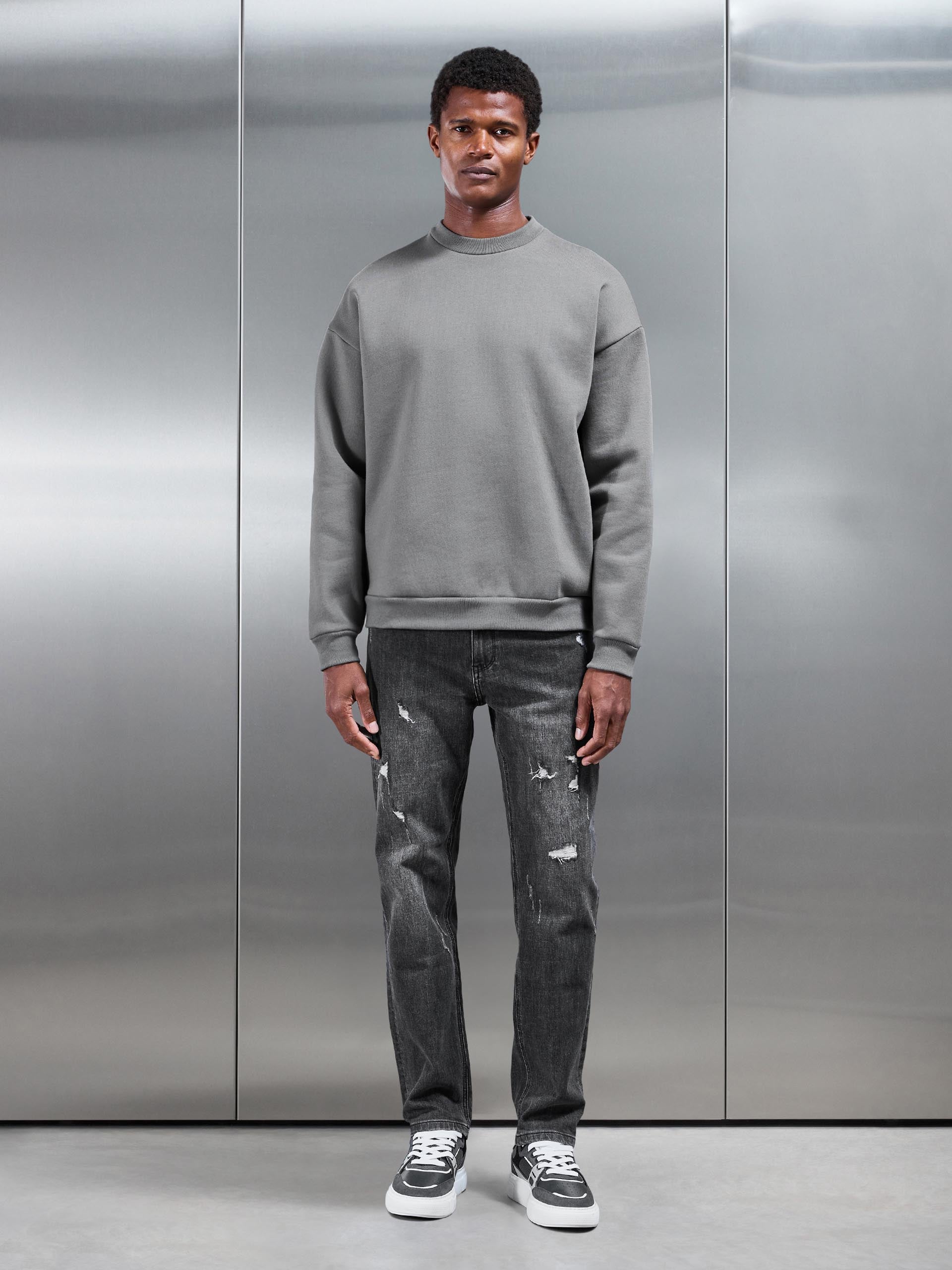 Mens Distressed Straight Leg Denim Jeans in Grey Wash