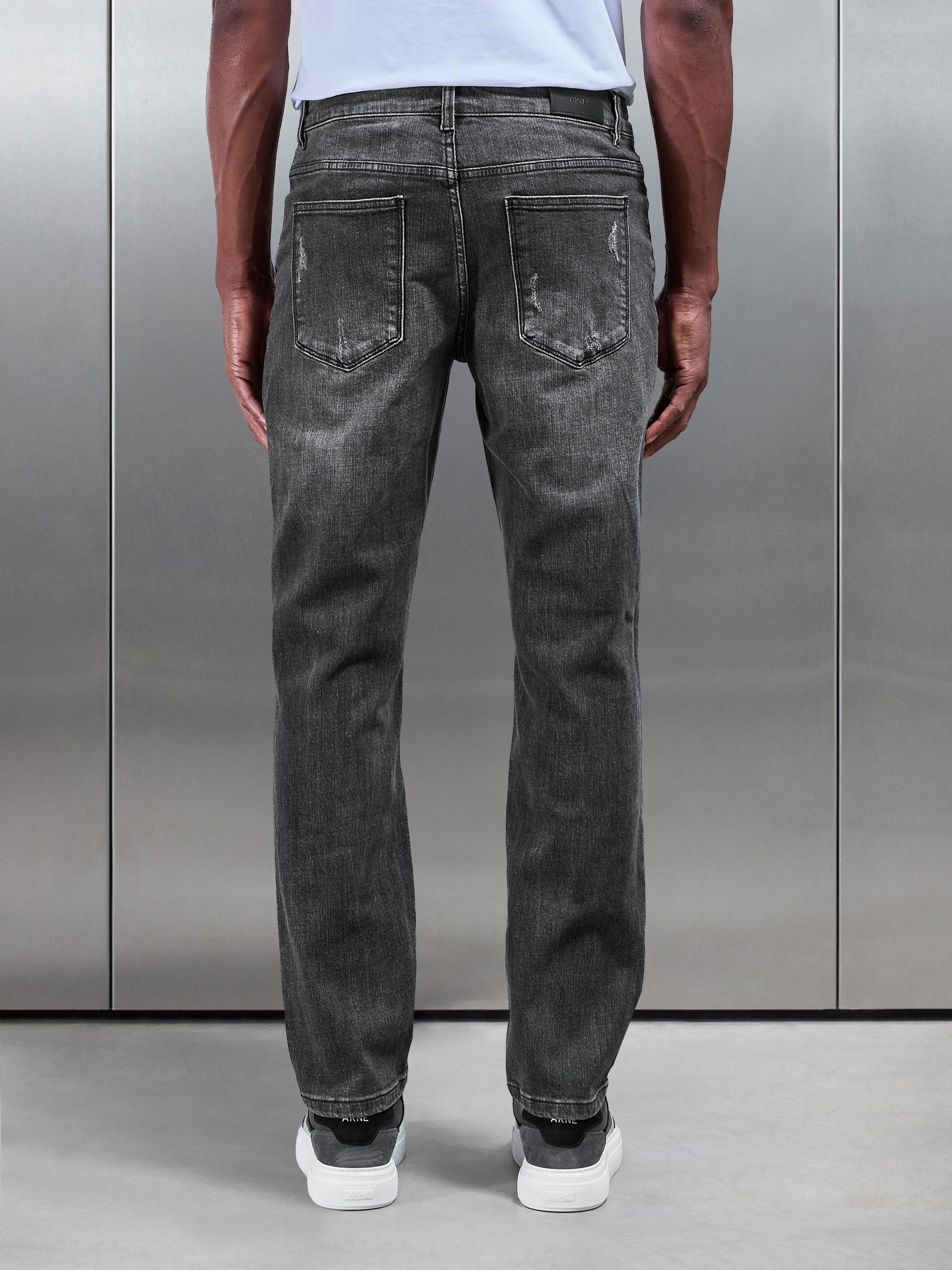Mens Distressed Straight Leg Denim Jeans in Grey Wash