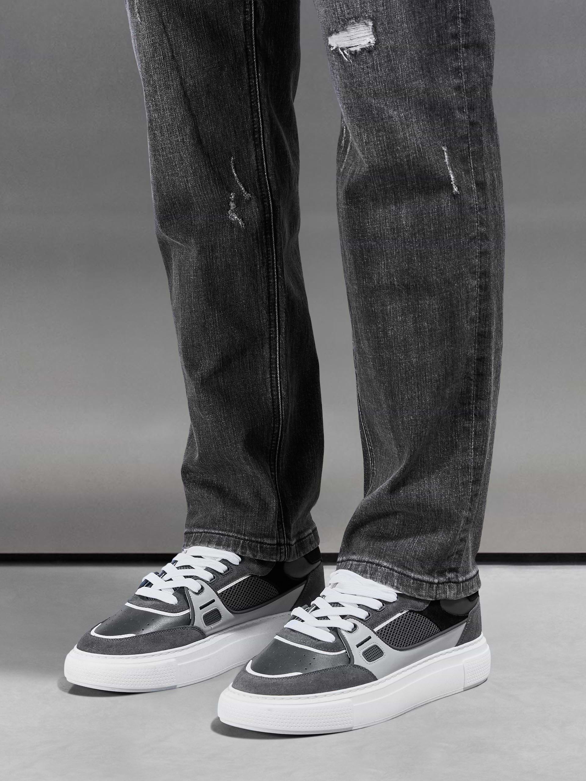 Distressed Straight Leg Denim Jeans in Grey Wash