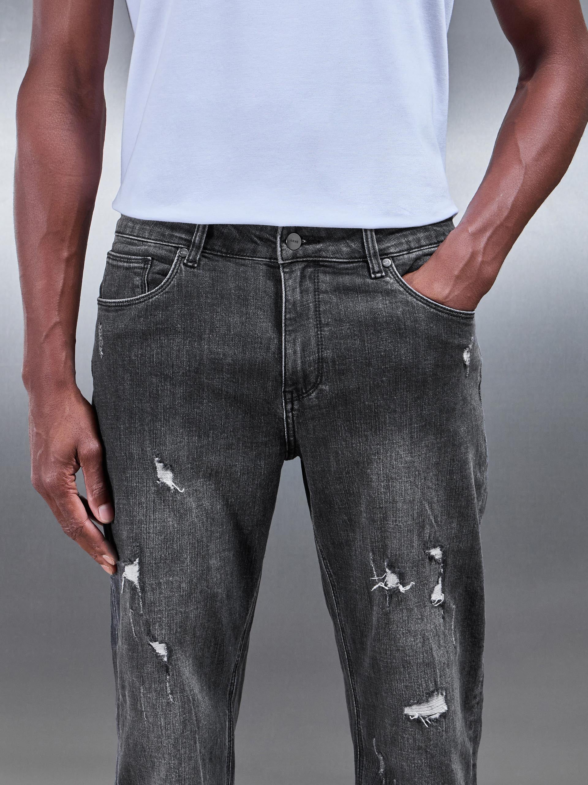 Mens Distressed Straight Leg Denim Jeans in Grey Wash
