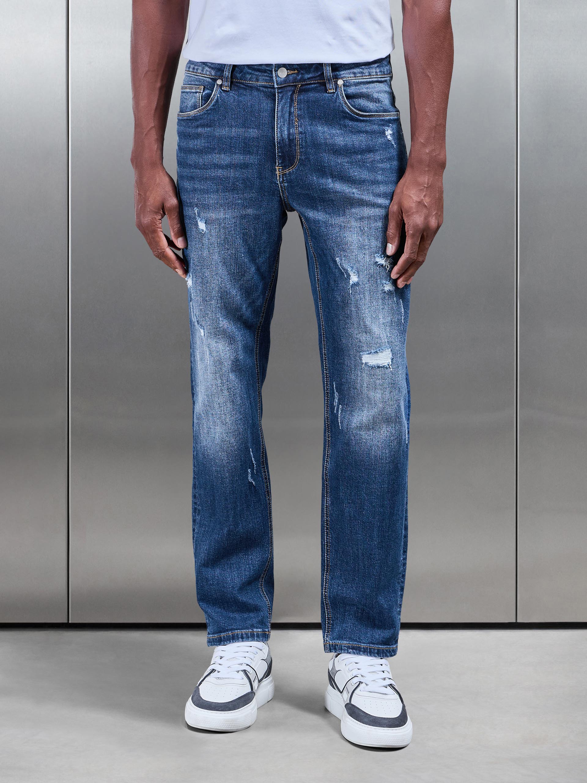 Mens Distressed Straight Leg Denim Jeans in Mid Blue