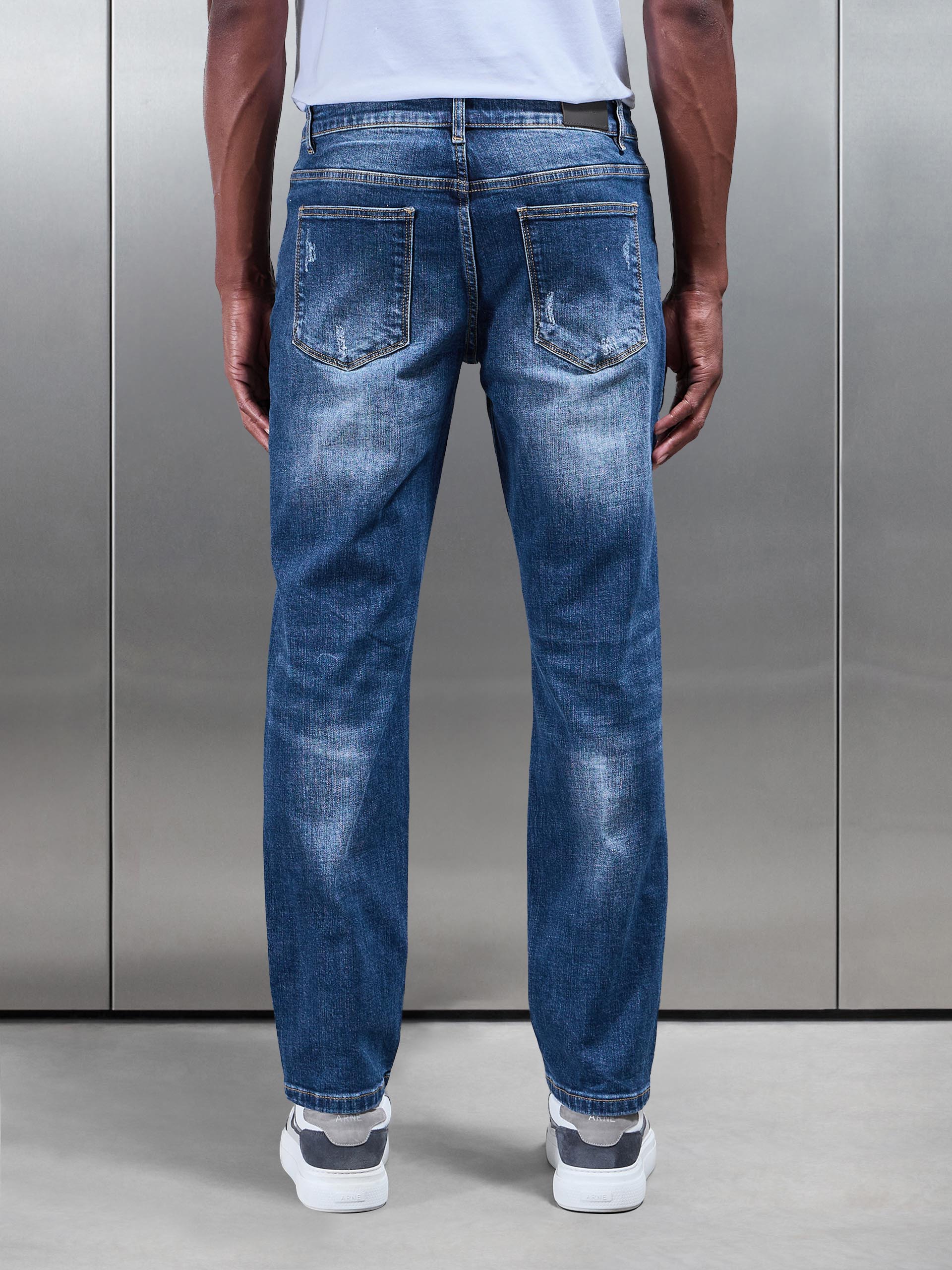 Mens Distressed Straight Leg Denim Jeans in Mid Blue