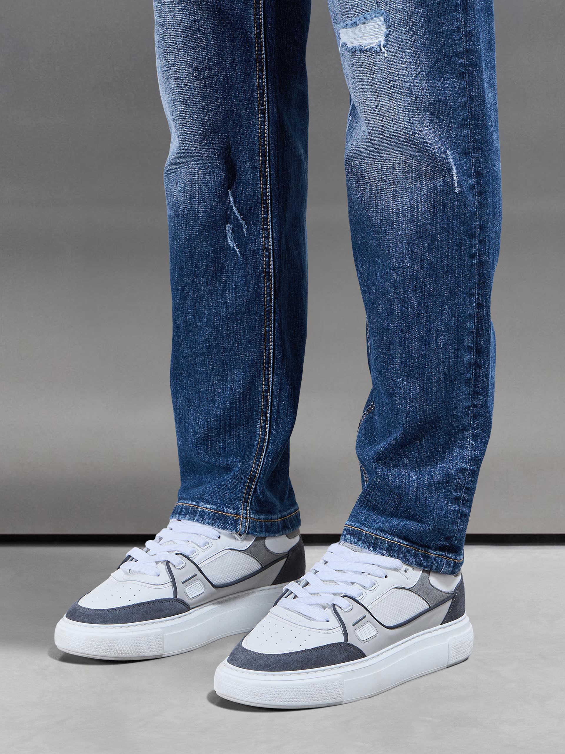 Mens Distressed Straight Leg Denim Jeans in Mid Blue