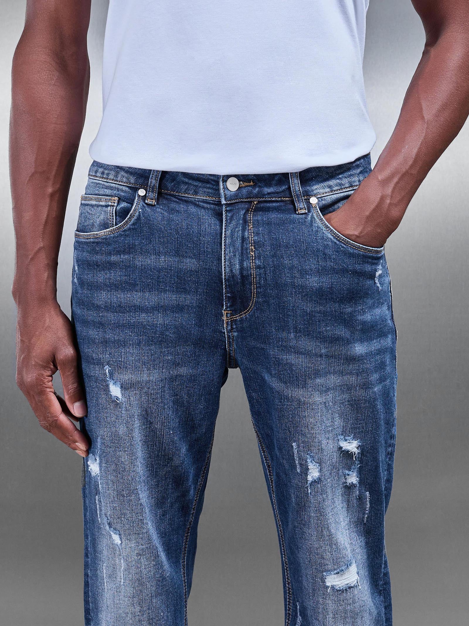 Mens Distressed Straight Leg Denim Jeans in Mid Blue