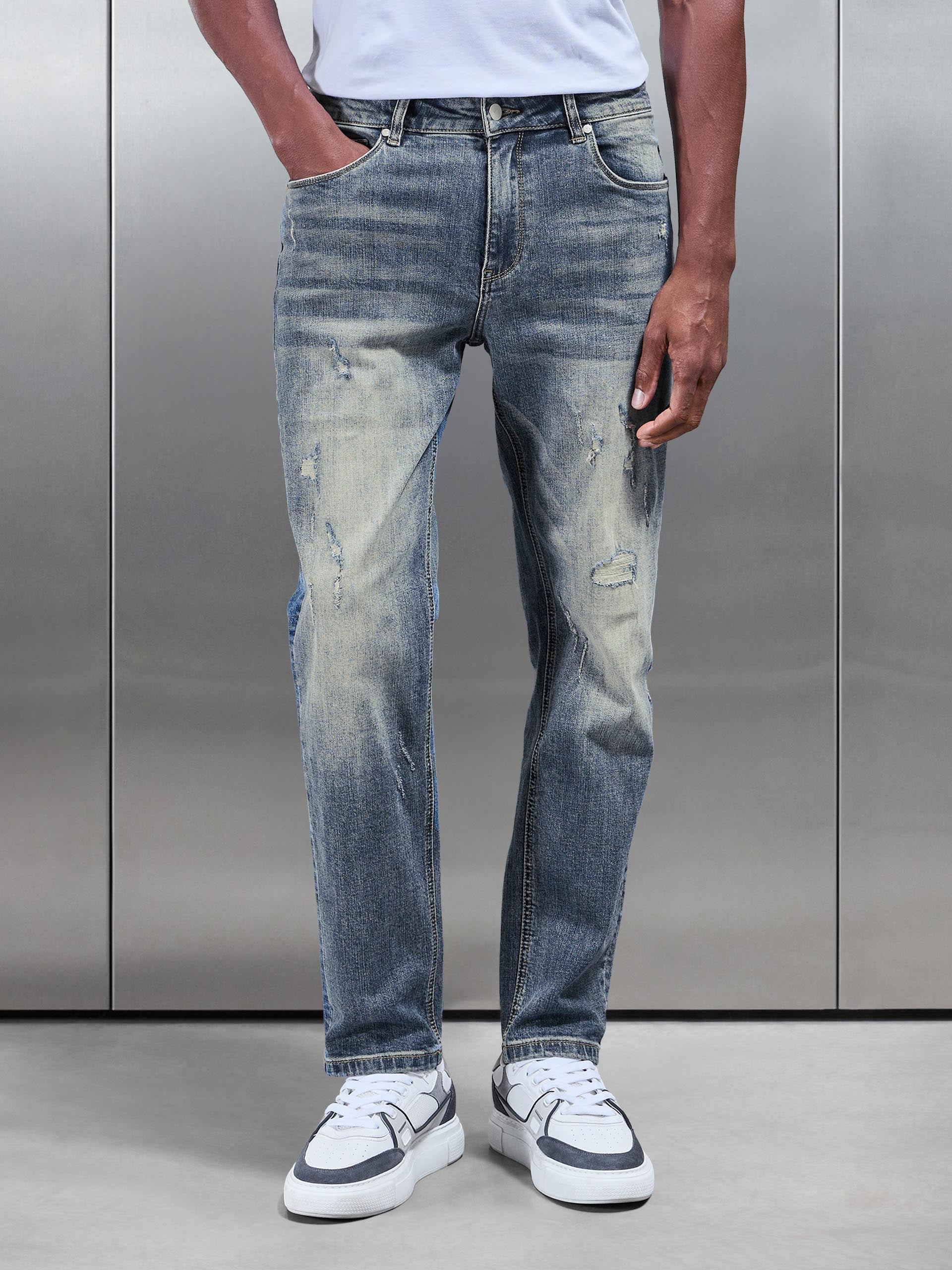 Mens Distressed Straight Leg Denim Jeans in Sand Wash